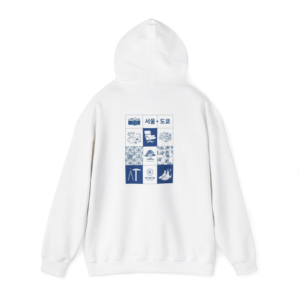 Korean Travel Icons Grid Hoodie – Seoul & Busan Blue Graphic Sweatshirt