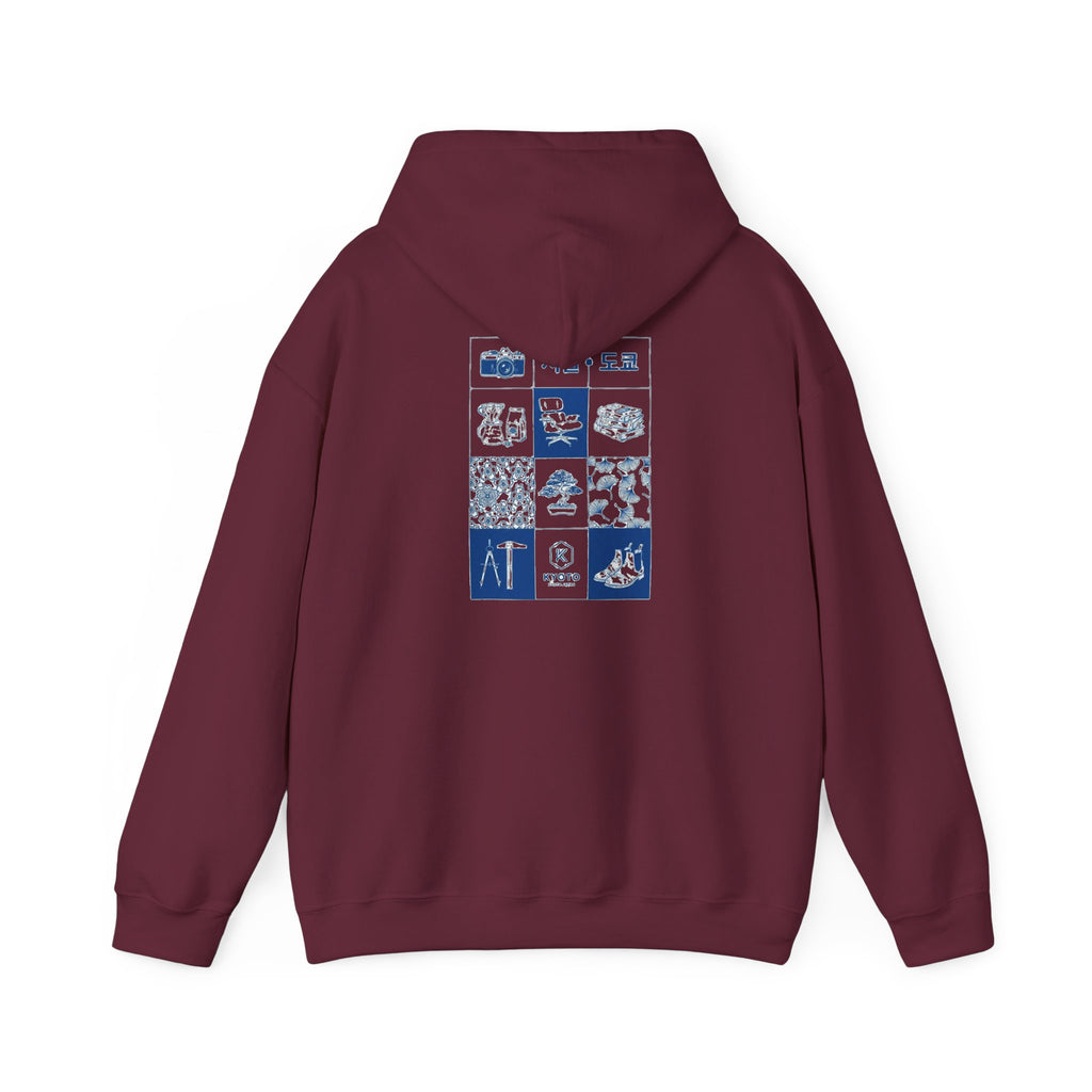 Korean Travel Icons Grid Hoodie – Seoul & Busan Blue Graphic Sweatshirt