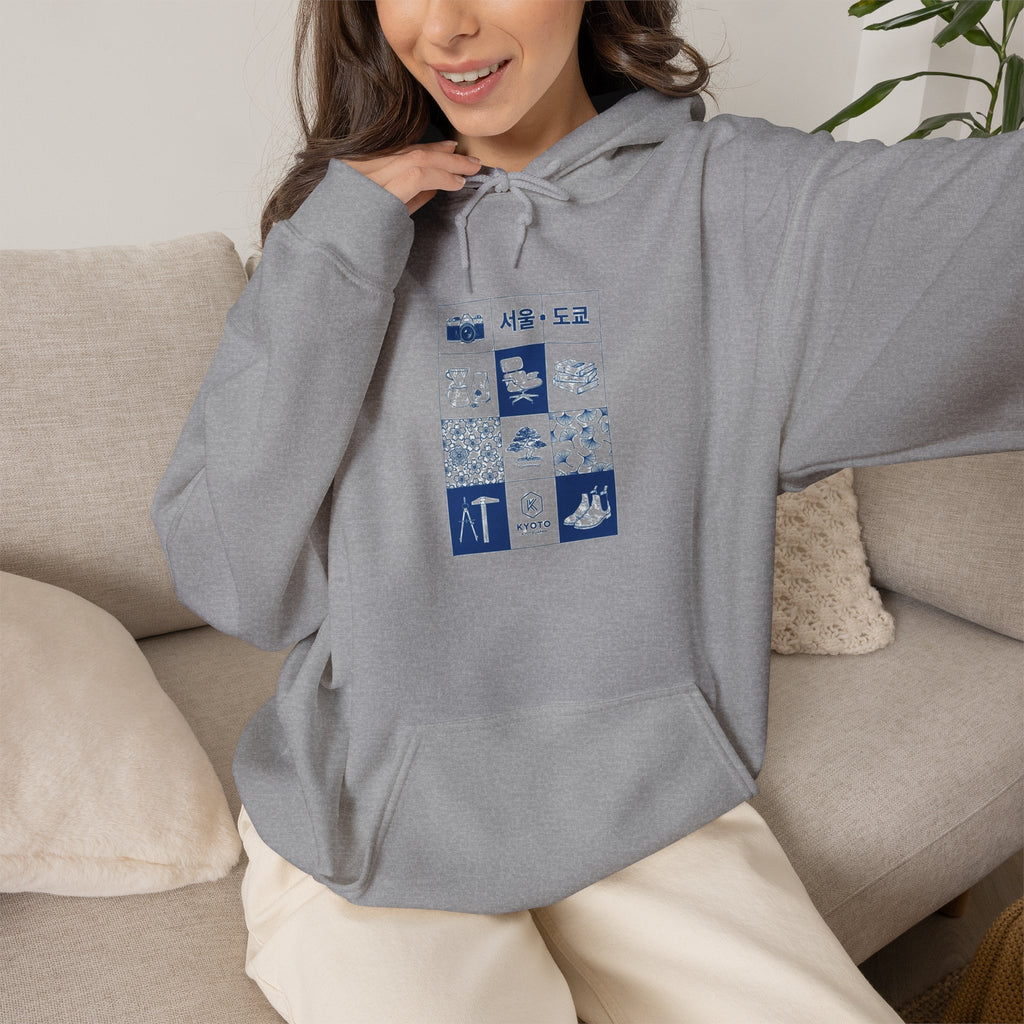 Korean Travel Icons Grid Hoodie – Seoul & Busan Blue Graphic Sweatshirt