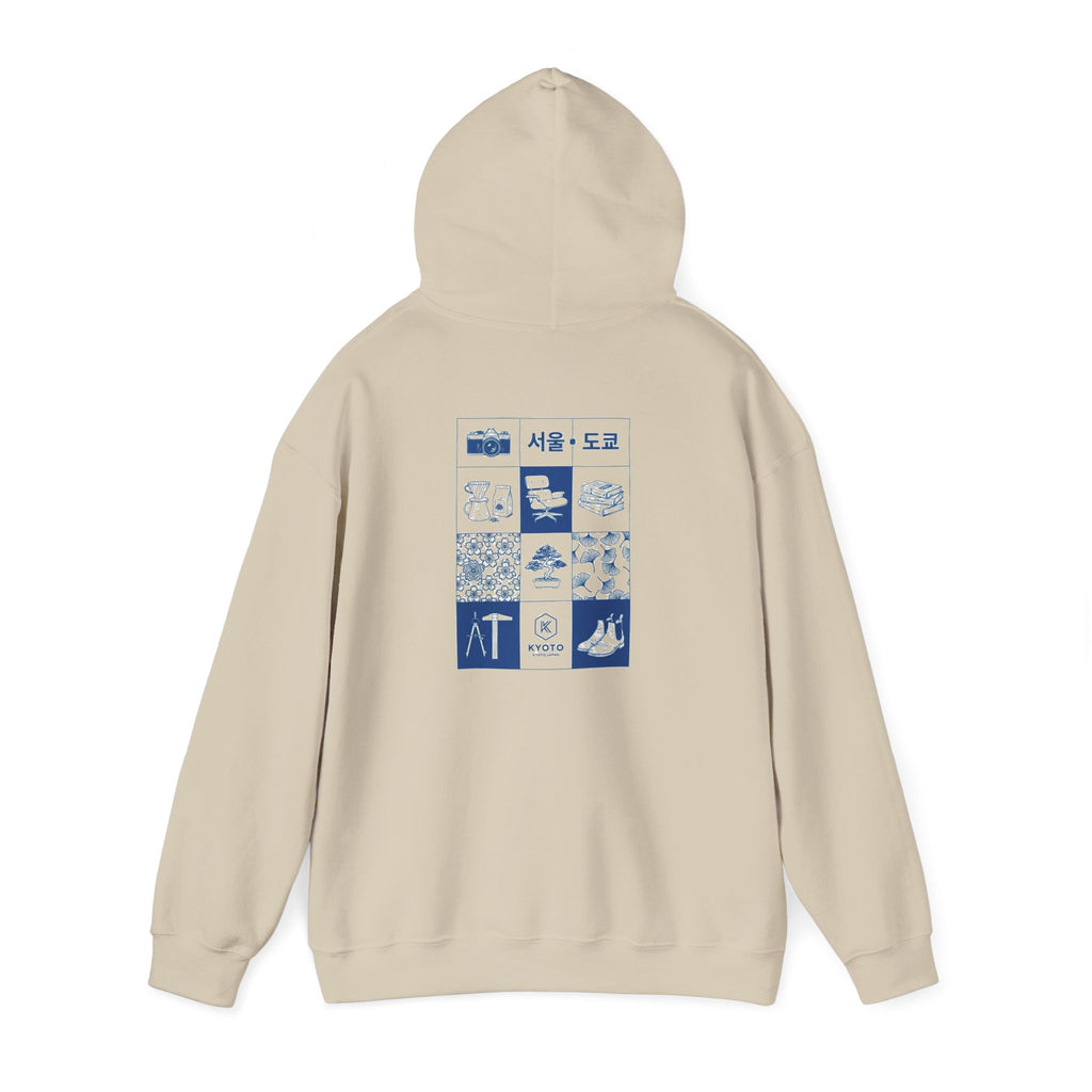 Korean Travel Icons Grid Hoodie – Seoul & Busan Blue Graphic Sweatshirt