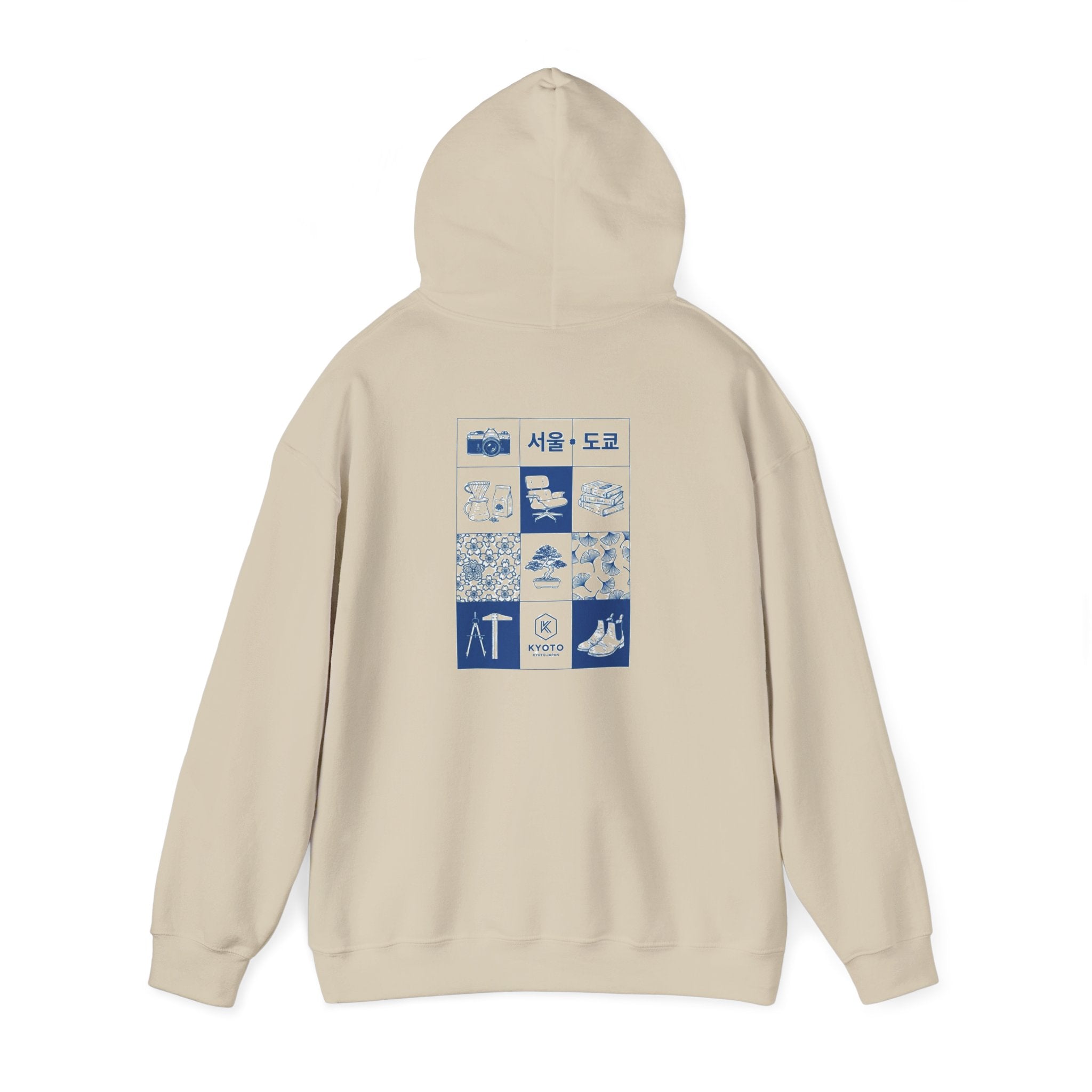 Korean Travel Icons Grid Hoodie – Seoul & Busan Blue Graphic Sweatshirt