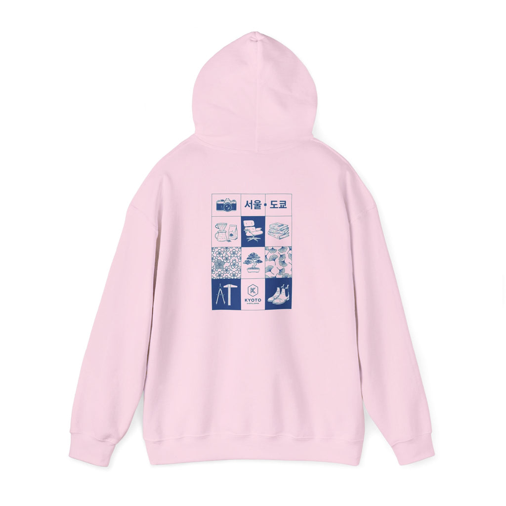 Korean Travel Icons Grid Hoodie – Seoul & Busan Blue Graphic Sweatshirt