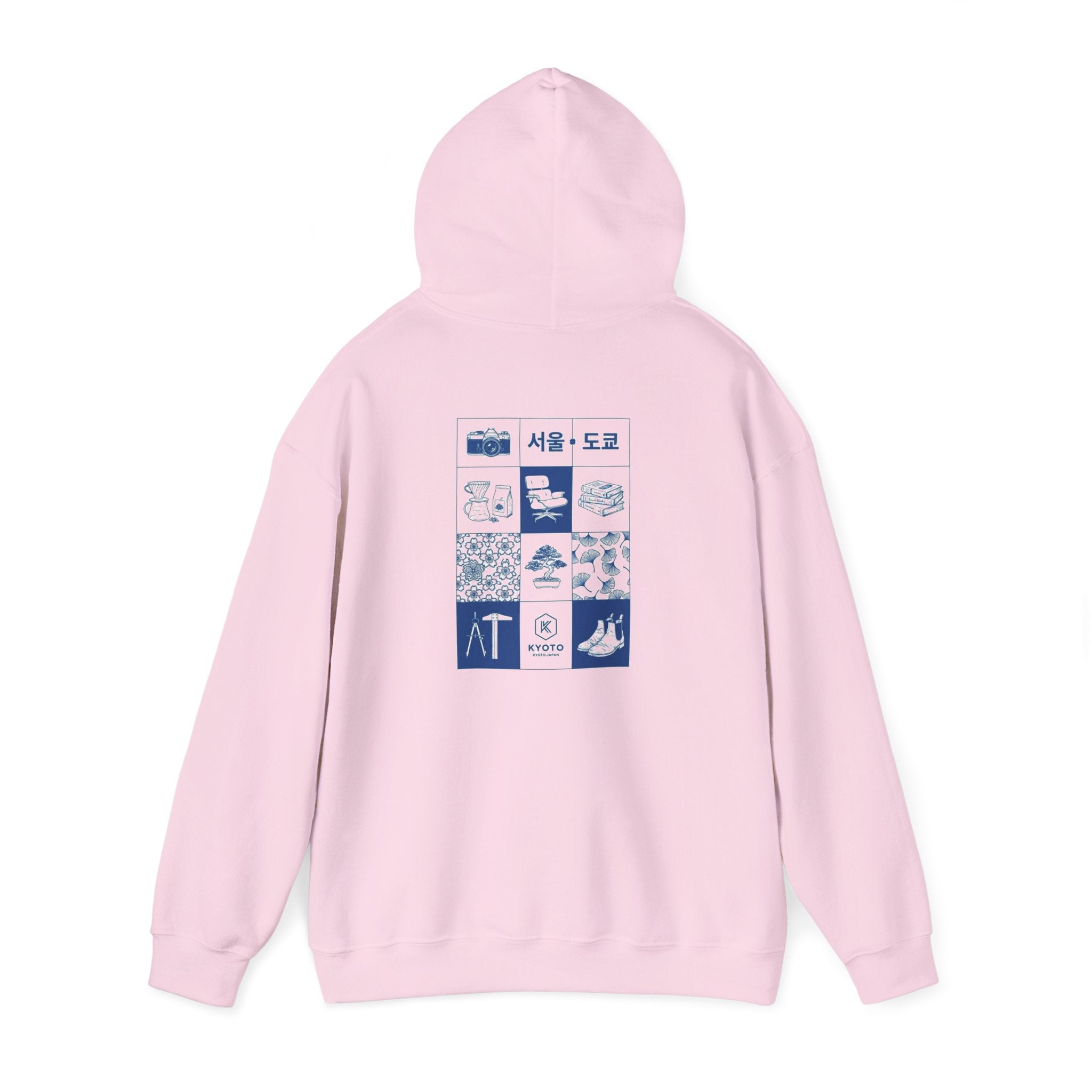 Korean Travel Icons Grid Hoodie – Seoul & Busan Blue Graphic Sweatshirt