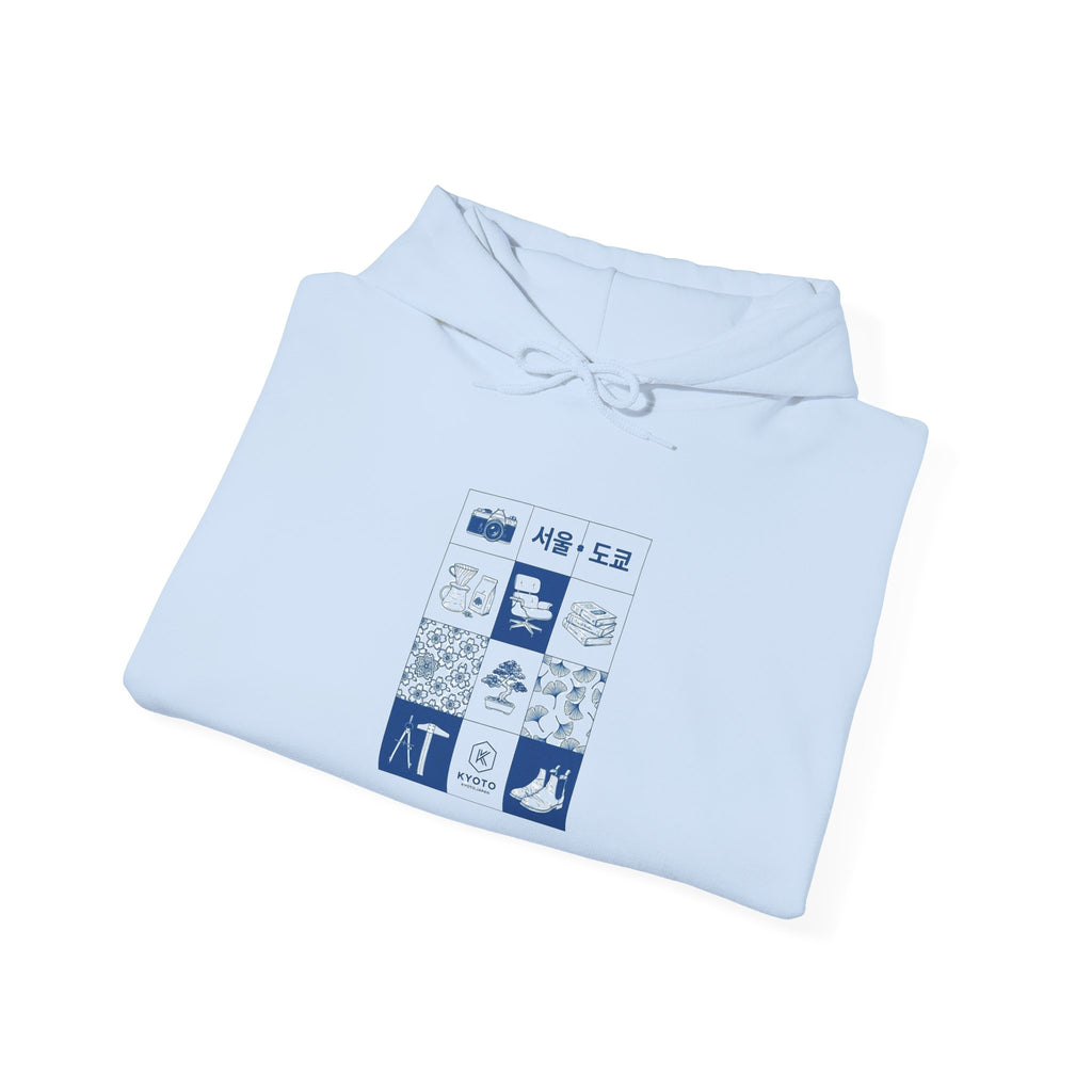 Korean Travel Icons Grid Hoodie – Seoul & Busan Blue Graphic Sweatshirt