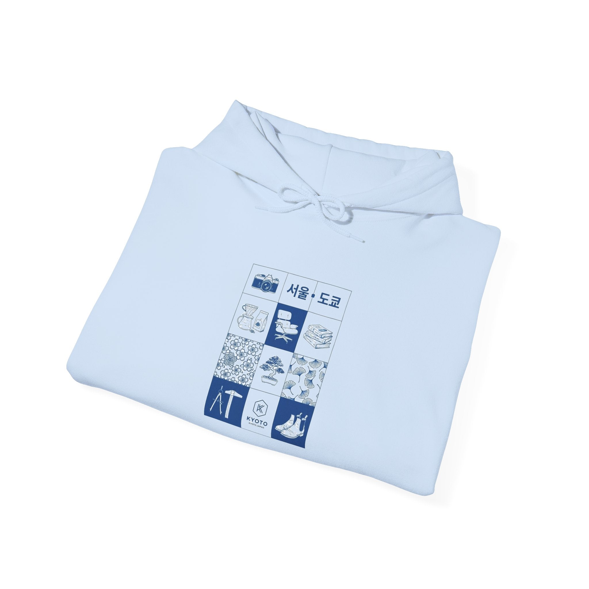 Korean Travel Icons Grid Hoodie – Seoul & Busan Blue Graphic Sweatshirt