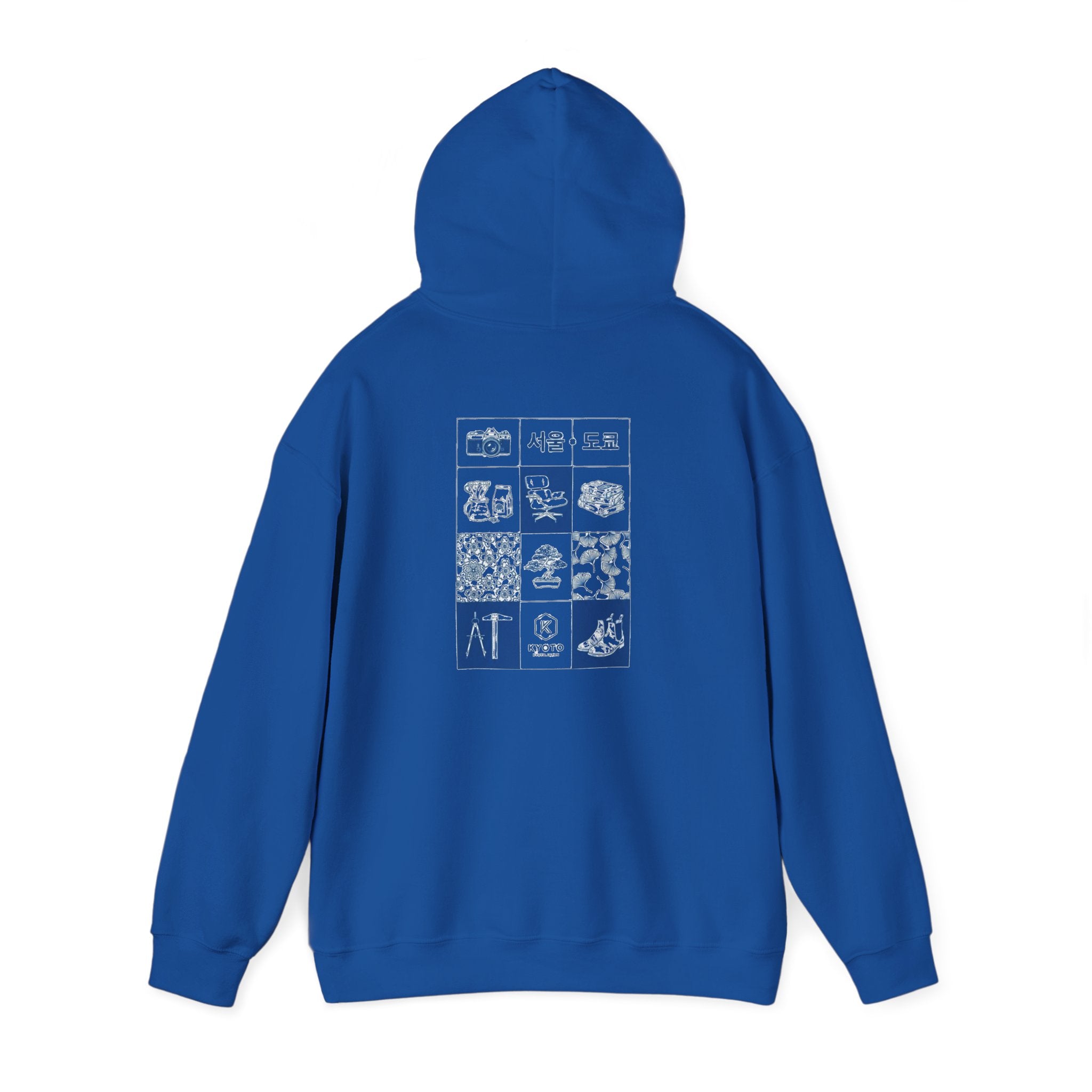 Korean Travel Icons Grid Hoodie – Seoul & Busan Blue Graphic Sweatshirt