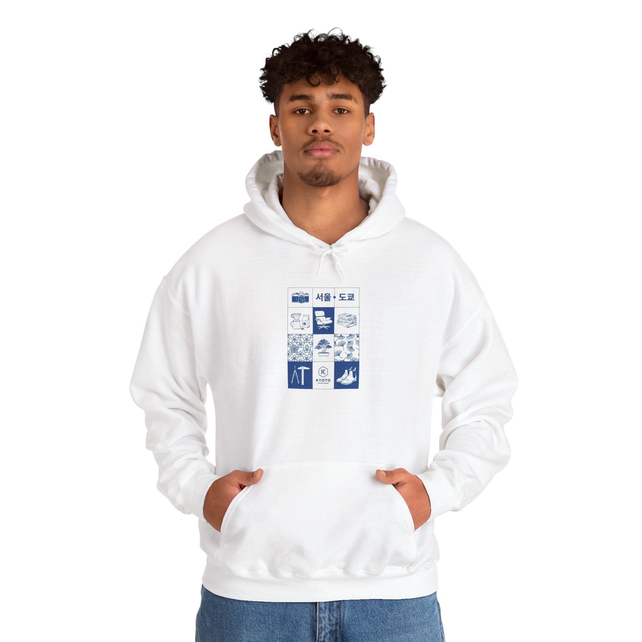 Korean Travel Icons Grid Hoodie – Seoul & Busan Blue Graphic Sweatshirt