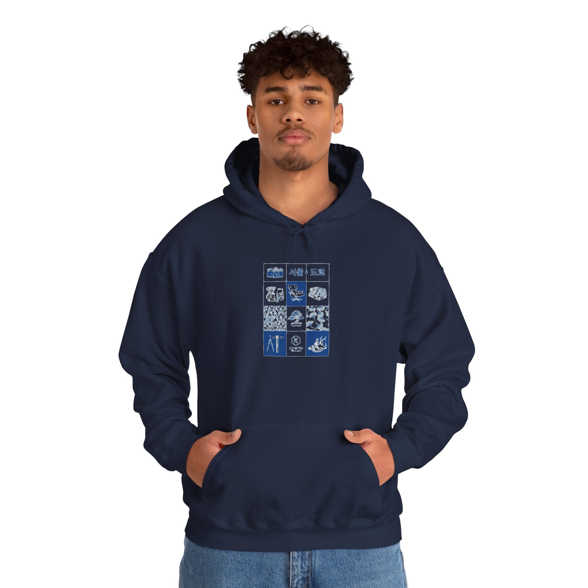 Korean Travel Icons Grid Hoodie – Seoul & Busan Blue Graphic Sweatshirt