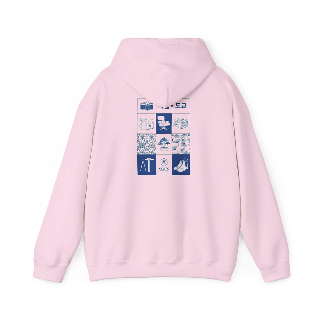 Korean Travel Icons Grid Hoodie – Seoul & Busan Blue Graphic Sweatshirt