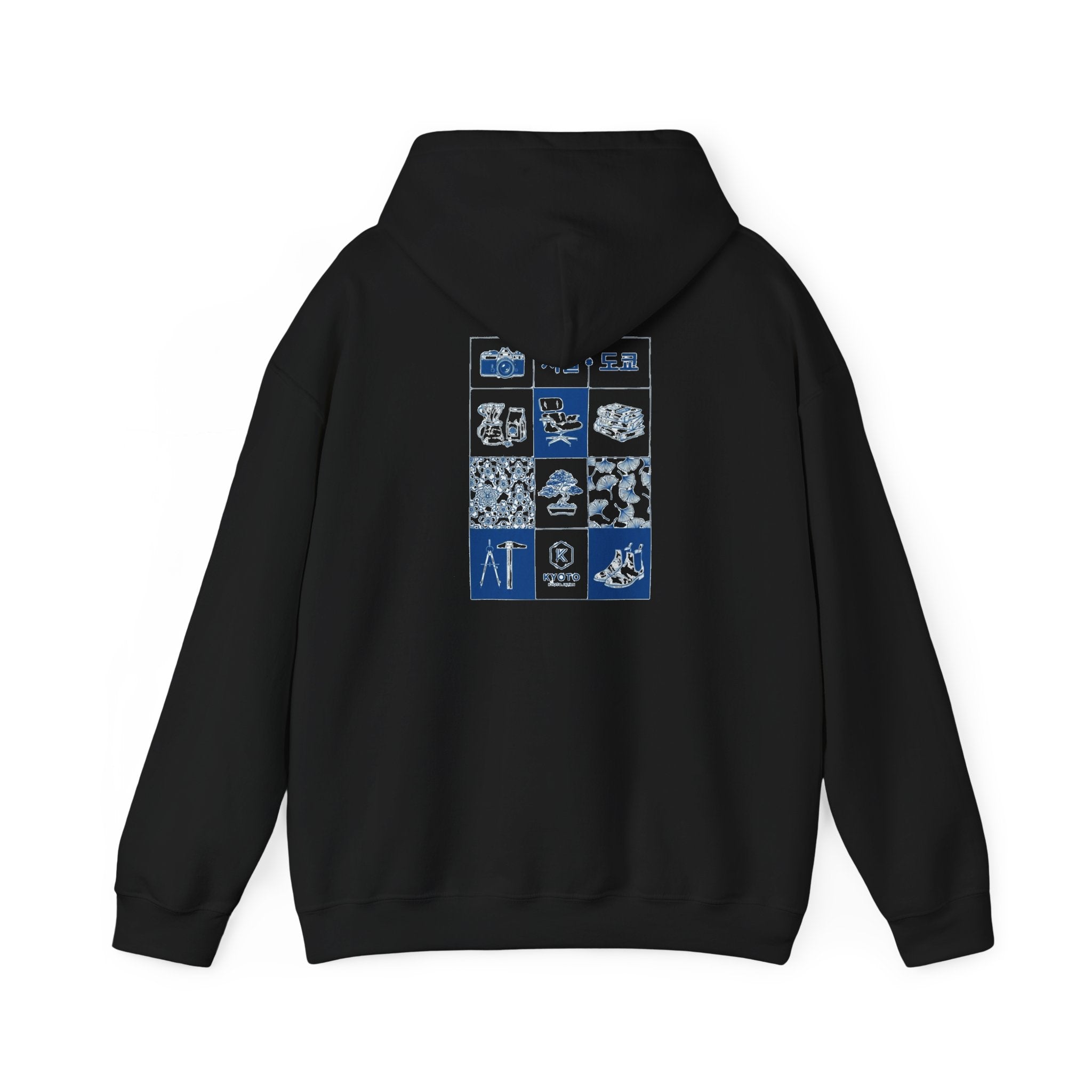 Korean Travel Icons Grid Hoodie – Seoul & Busan Blue Graphic Sweatshirt
