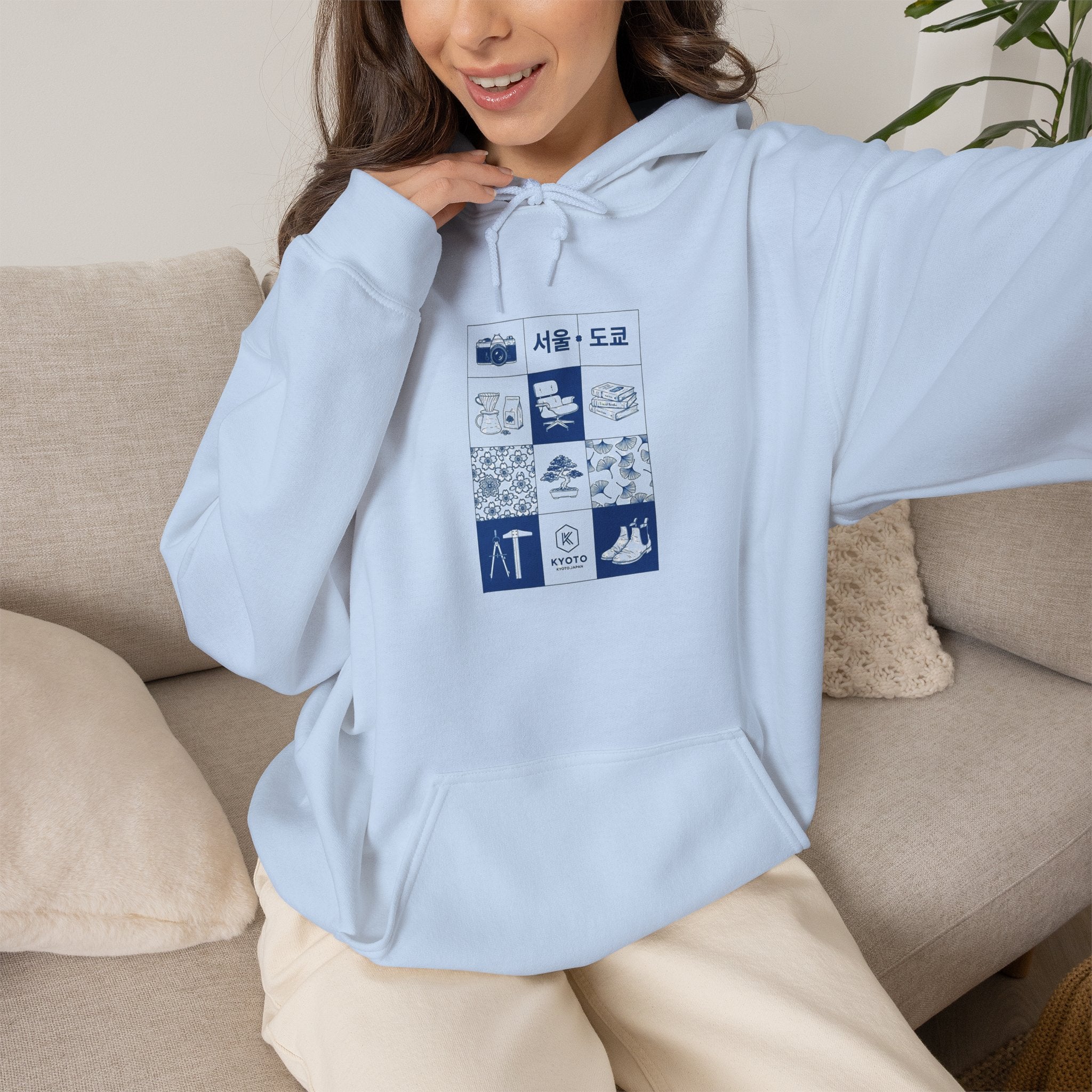 Korean Travel Icons Grid Hoodie – Seoul & Busan Blue Graphic Sweatshirt