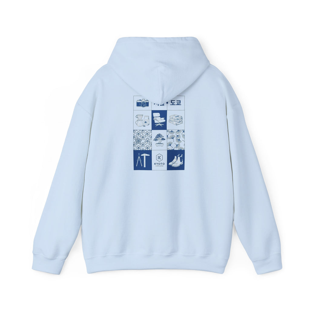 Korean Travel Icons Grid Hoodie – Seoul & Busan Blue Graphic Sweatshirt