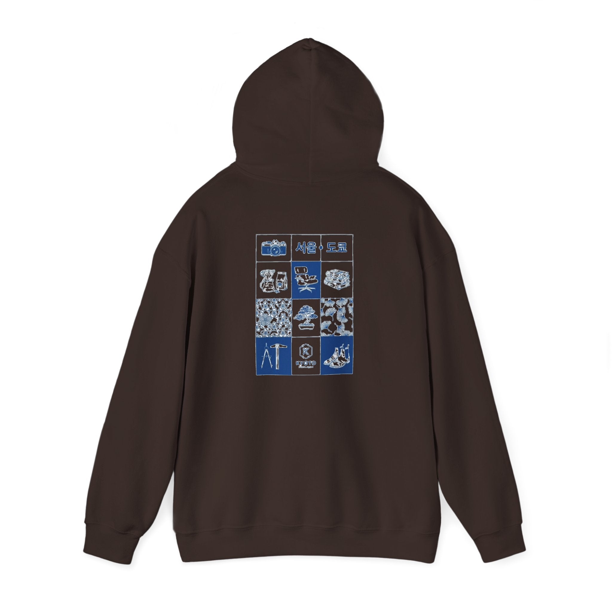 Korean Travel Icons Grid Hoodie – Seoul & Busan Blue Graphic Sweatshirt