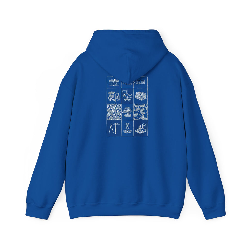 Korean Travel Icons Grid Hoodie – Seoul & Busan Blue Graphic Sweatshirt