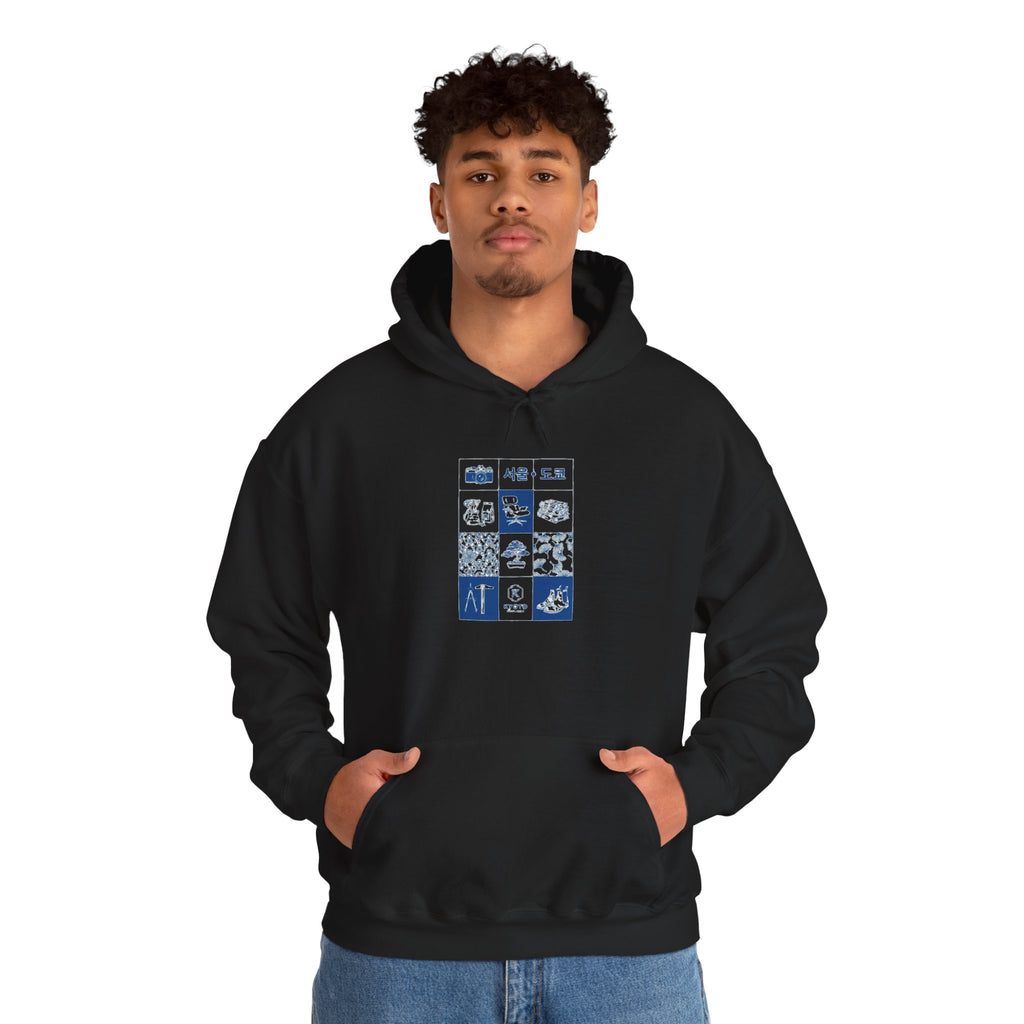 Korean Travel Icons Grid Hoodie – Seoul & Busan Blue Graphic Sweatshirt