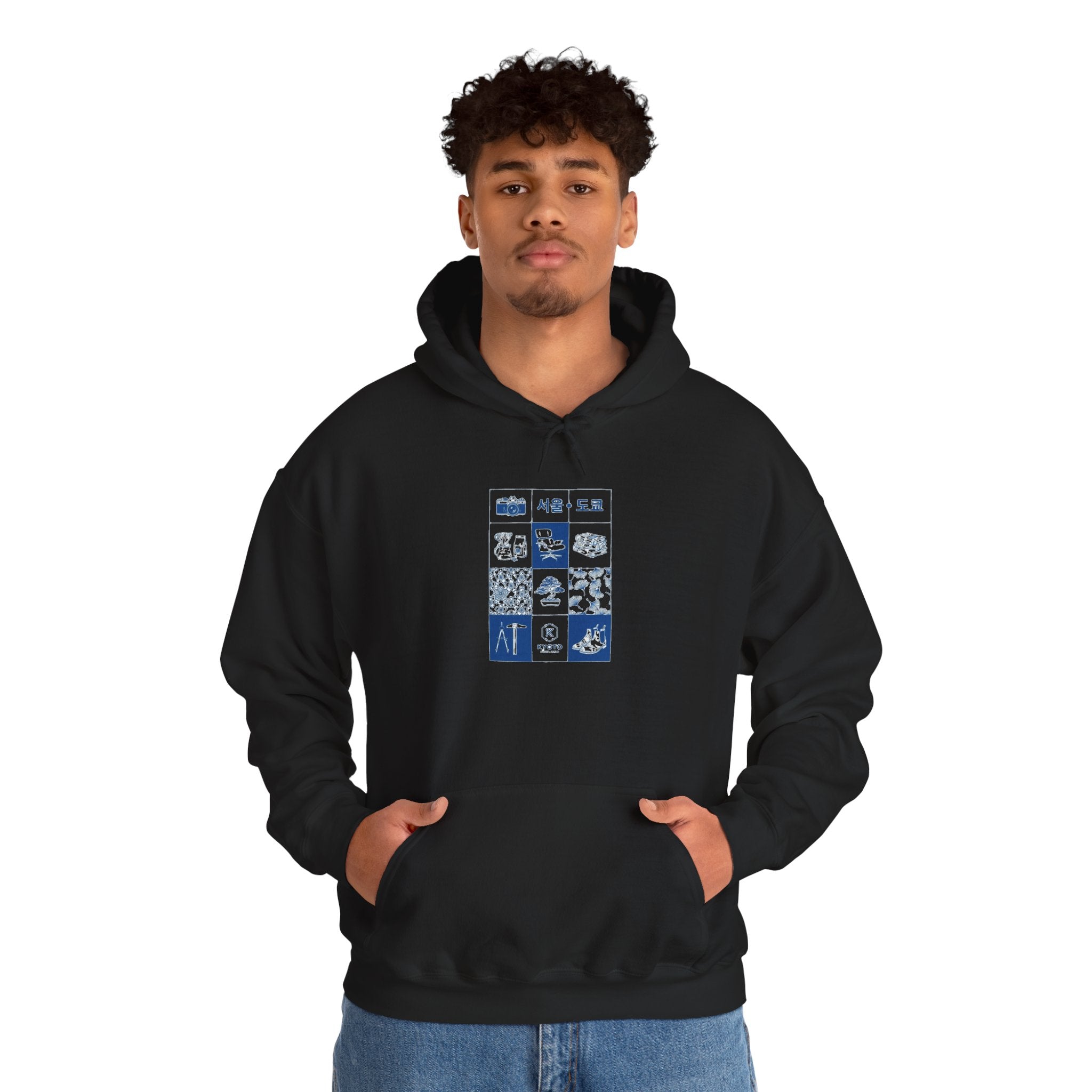 Korean Travel Icons Grid Hoodie – Seoul & Busan Blue Graphic Sweatshirt