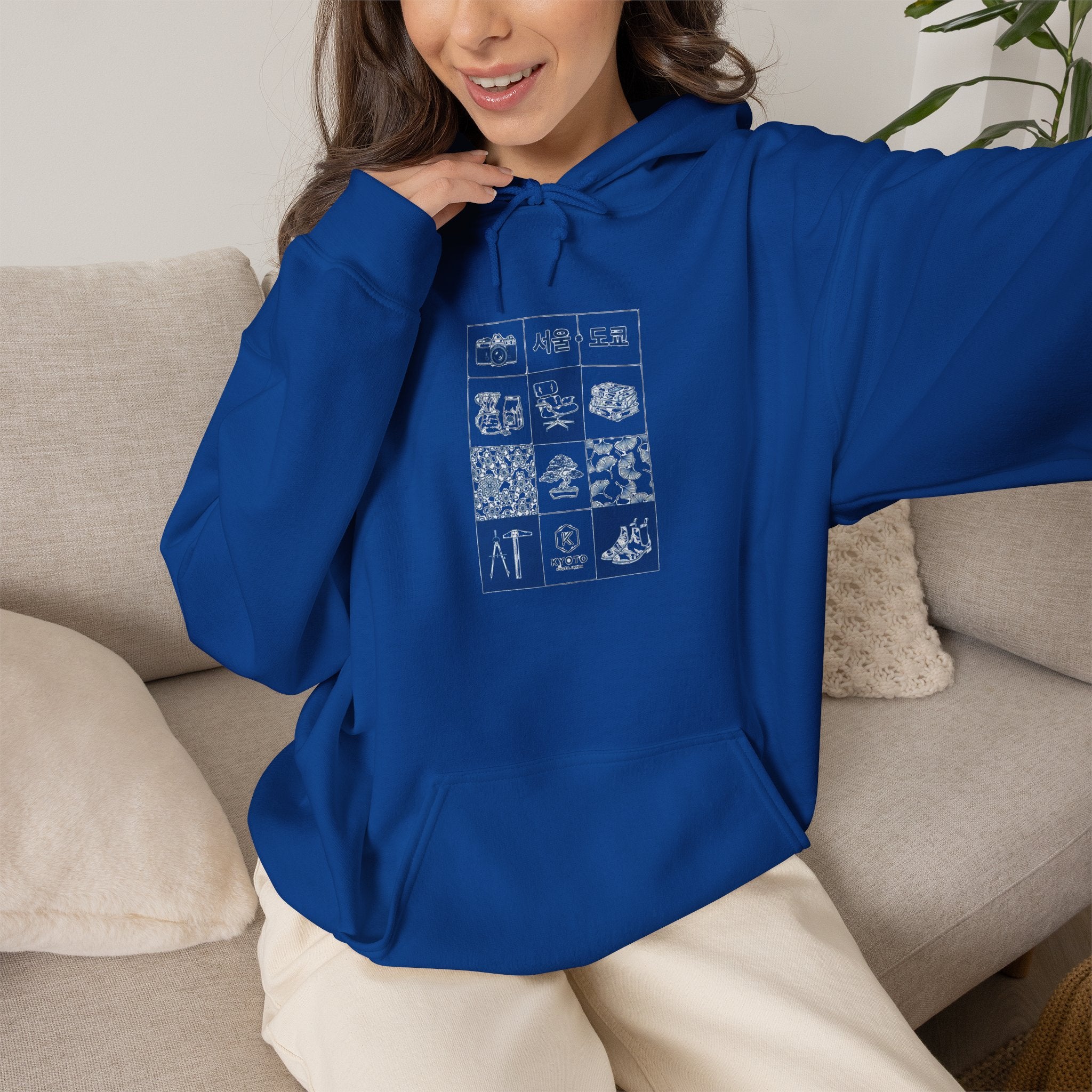 Korean Travel Icons Grid Hoodie – Seoul & Busan Blue Graphic Sweatshirt