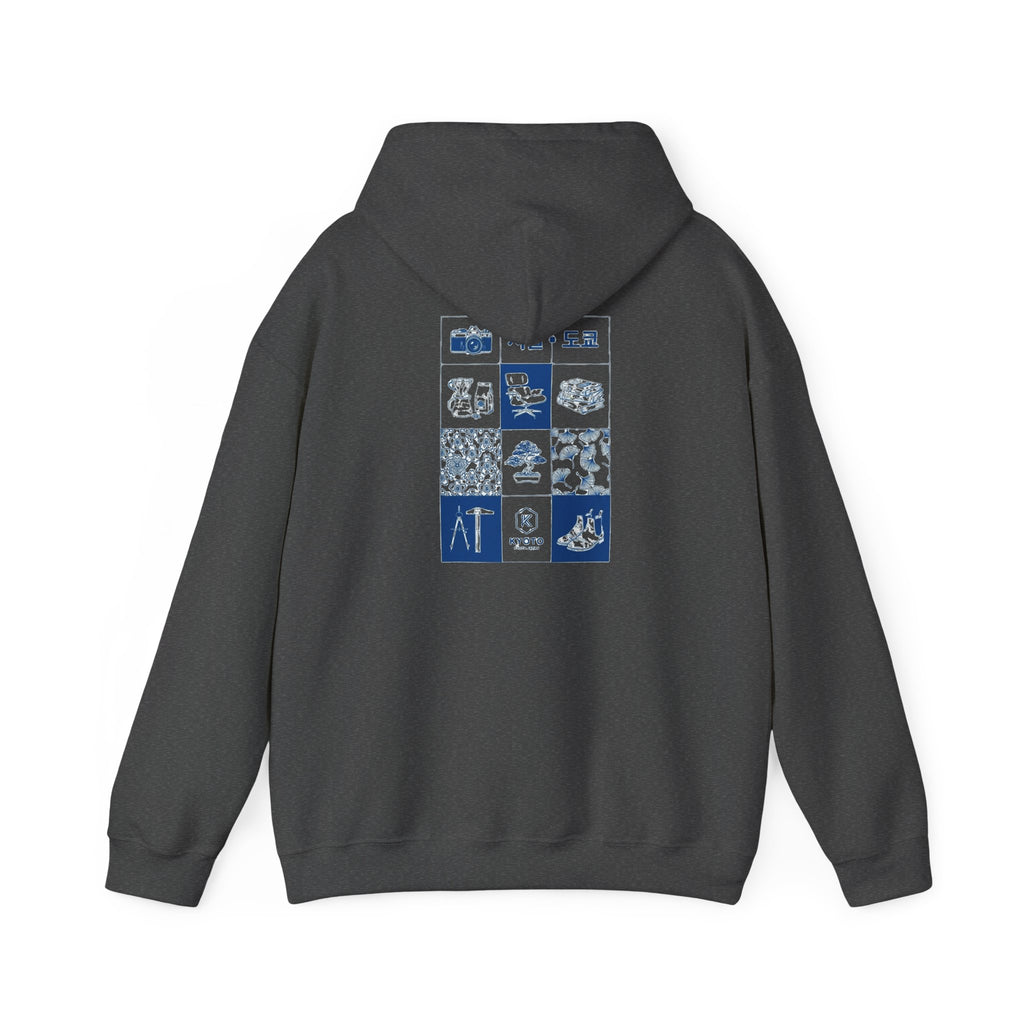 Korean Travel Icons Grid Hoodie – Seoul & Busan Blue Graphic Sweatshirt