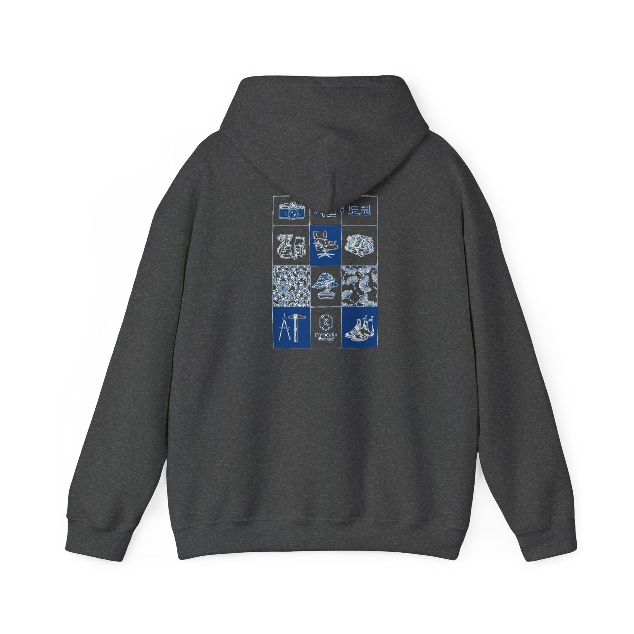 Korean Travel Icons Grid Hoodie – Seoul & Busan Blue Graphic Sweatshirt