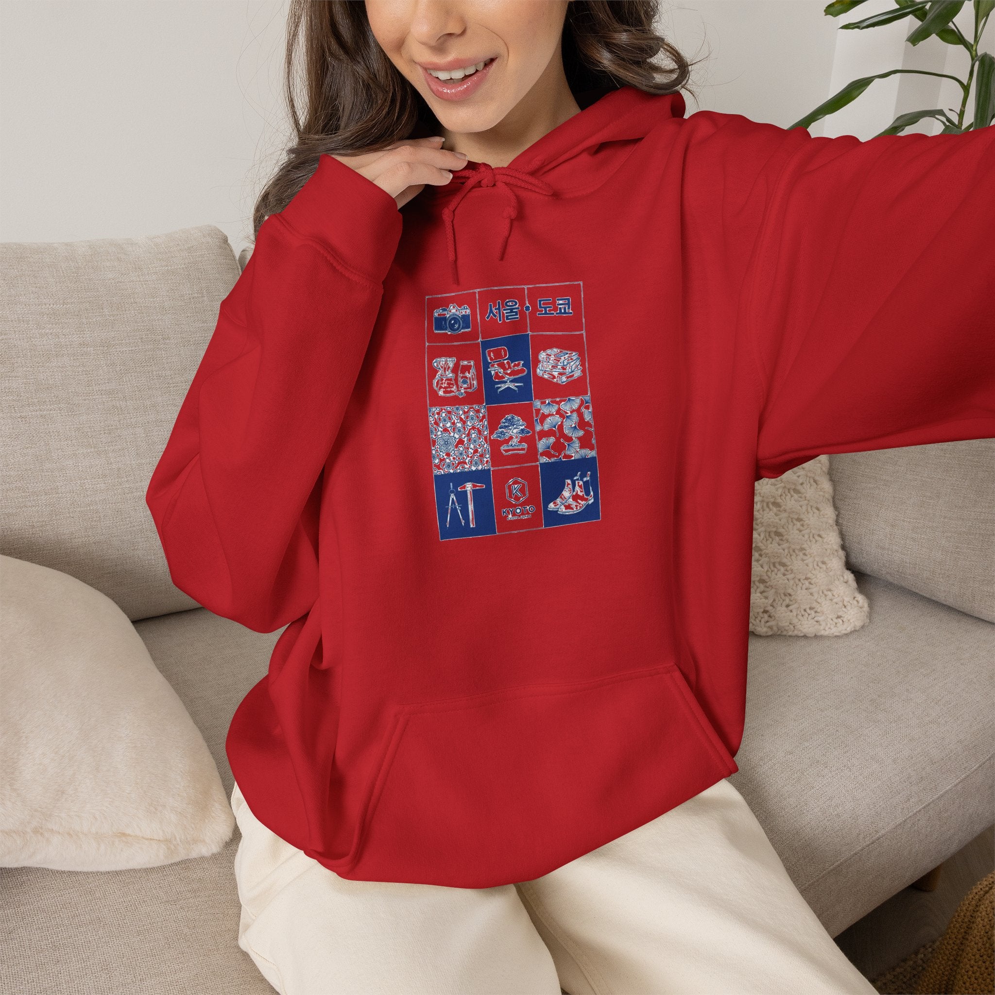 Korean Travel Icons Grid Hoodie – Seoul & Busan Blue Graphic Sweatshirt