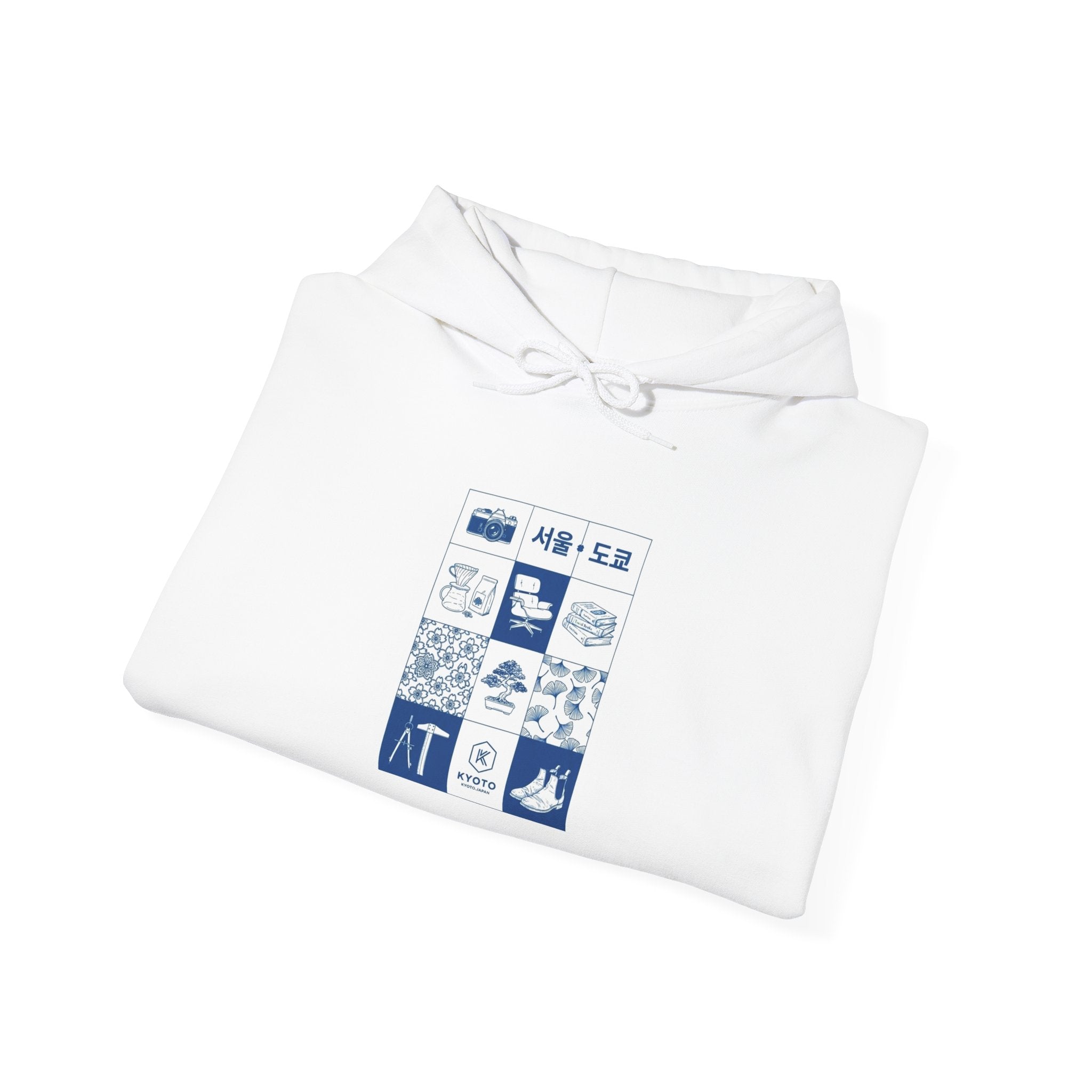 Korean Travel Icons Grid Hoodie – Seoul & Busan Blue Graphic Sweatshirt