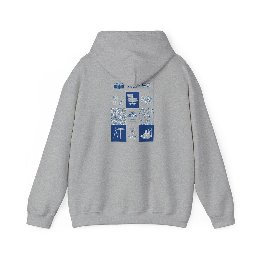 Korean Travel Icons Grid Hoodie – Seoul & Busan Blue Graphic Sweatshirt