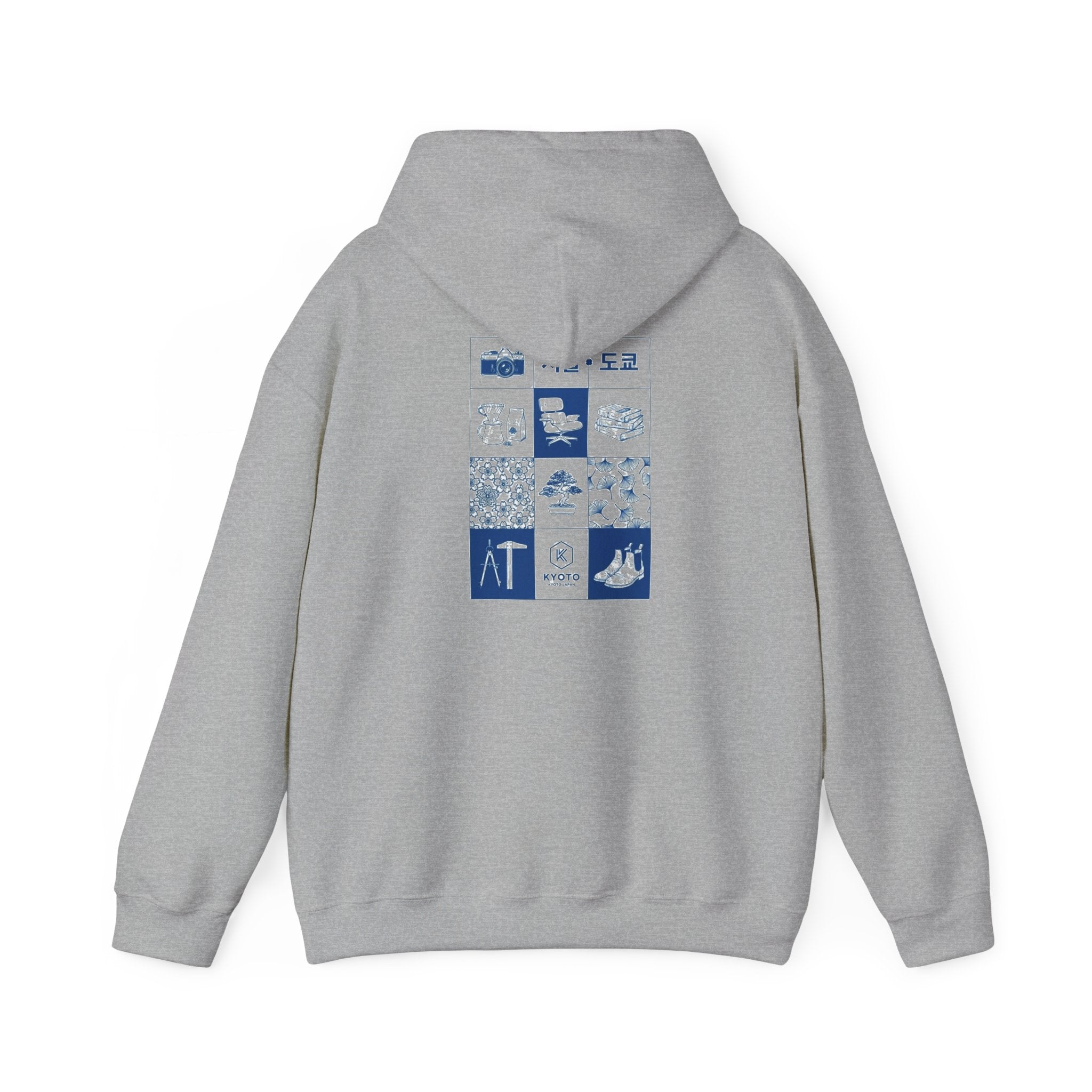 Korean Travel Icons Grid Hoodie – Seoul & Busan Blue Graphic Sweatshirt