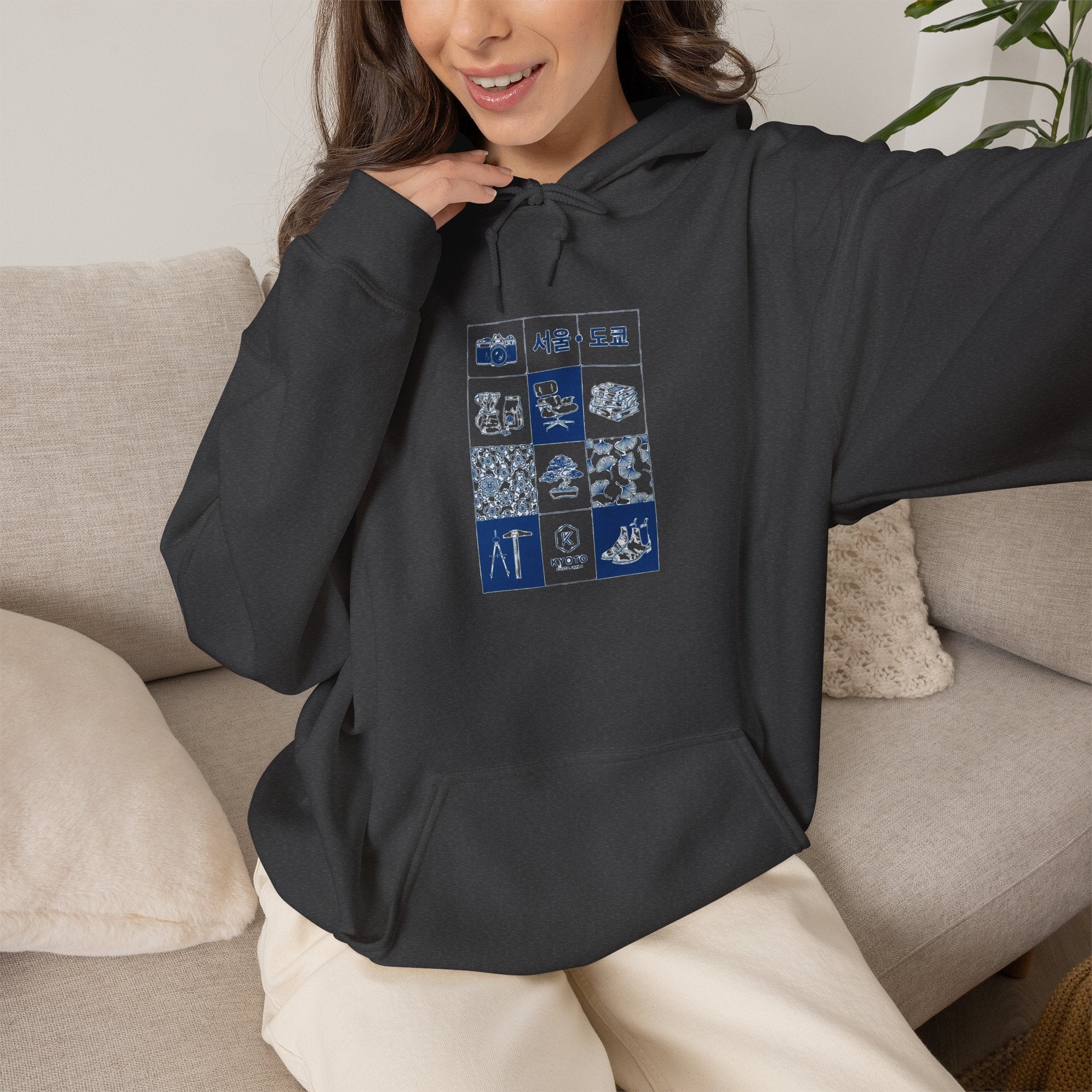 Korean Travel Icons Grid Hoodie – Seoul & Busan Blue Graphic Sweatshirt
