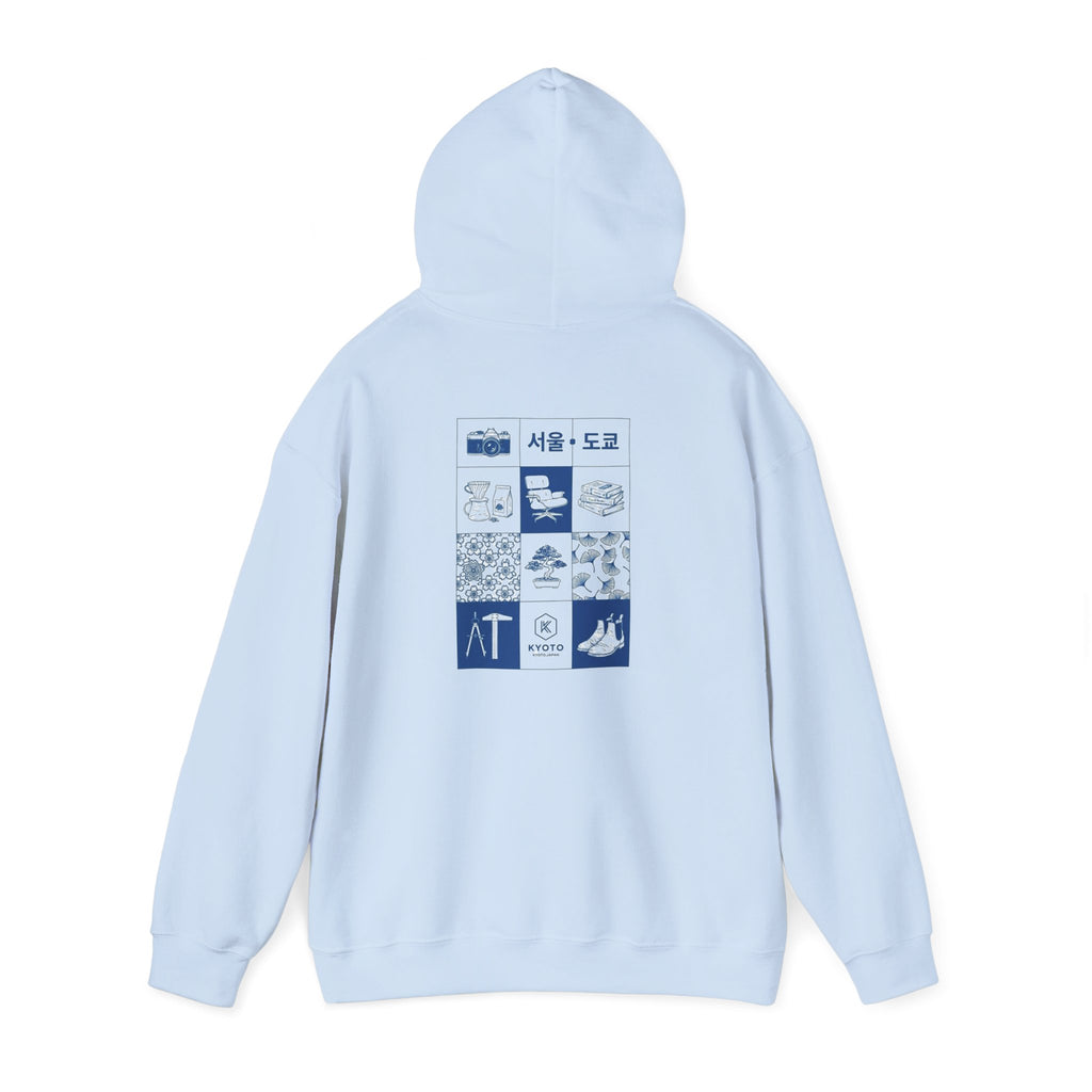 Korean Travel Icons Grid Hoodie – Seoul & Busan Blue Graphic Sweatshirt