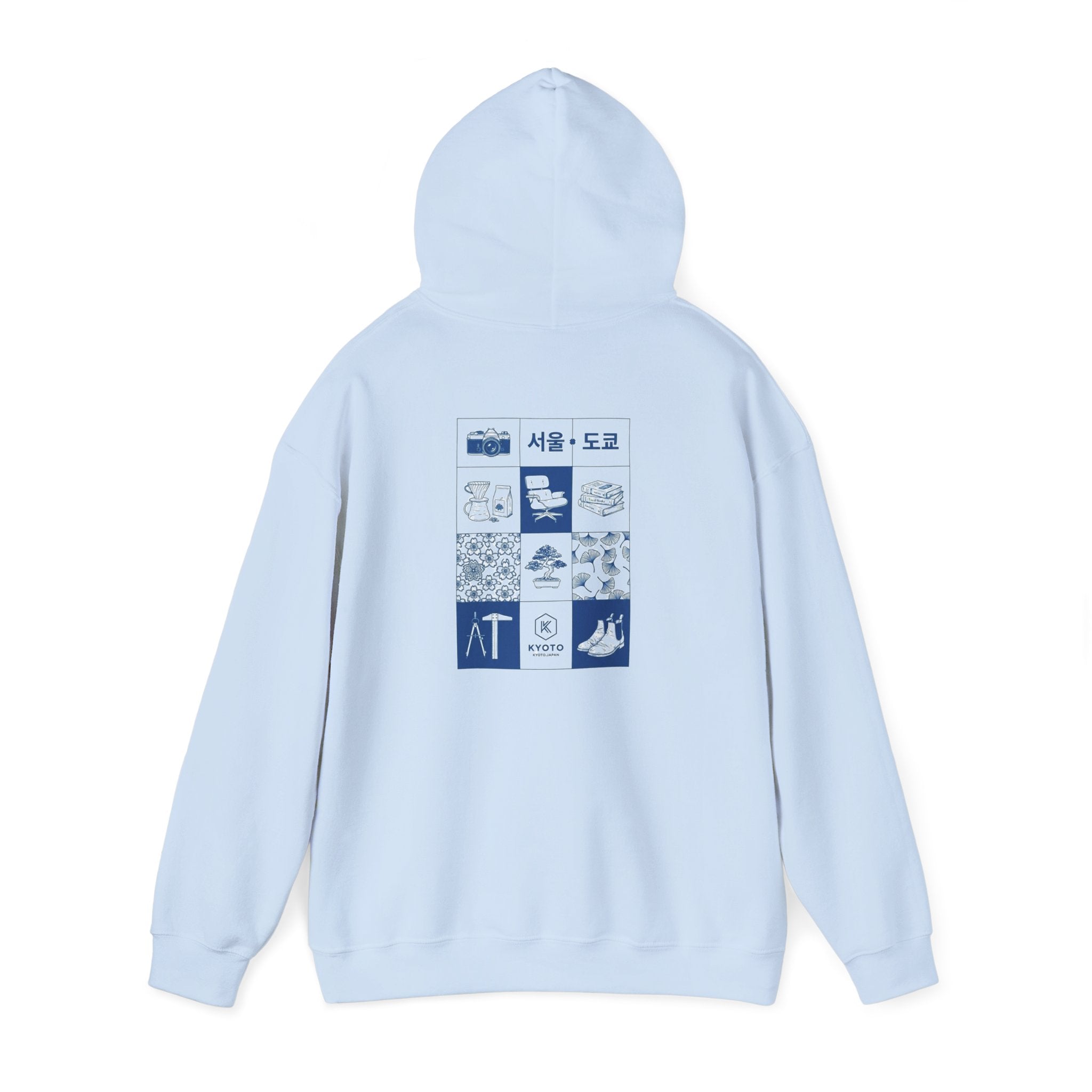 Korean Travel Icons Grid Hoodie – Seoul & Busan Blue Graphic Sweatshirt