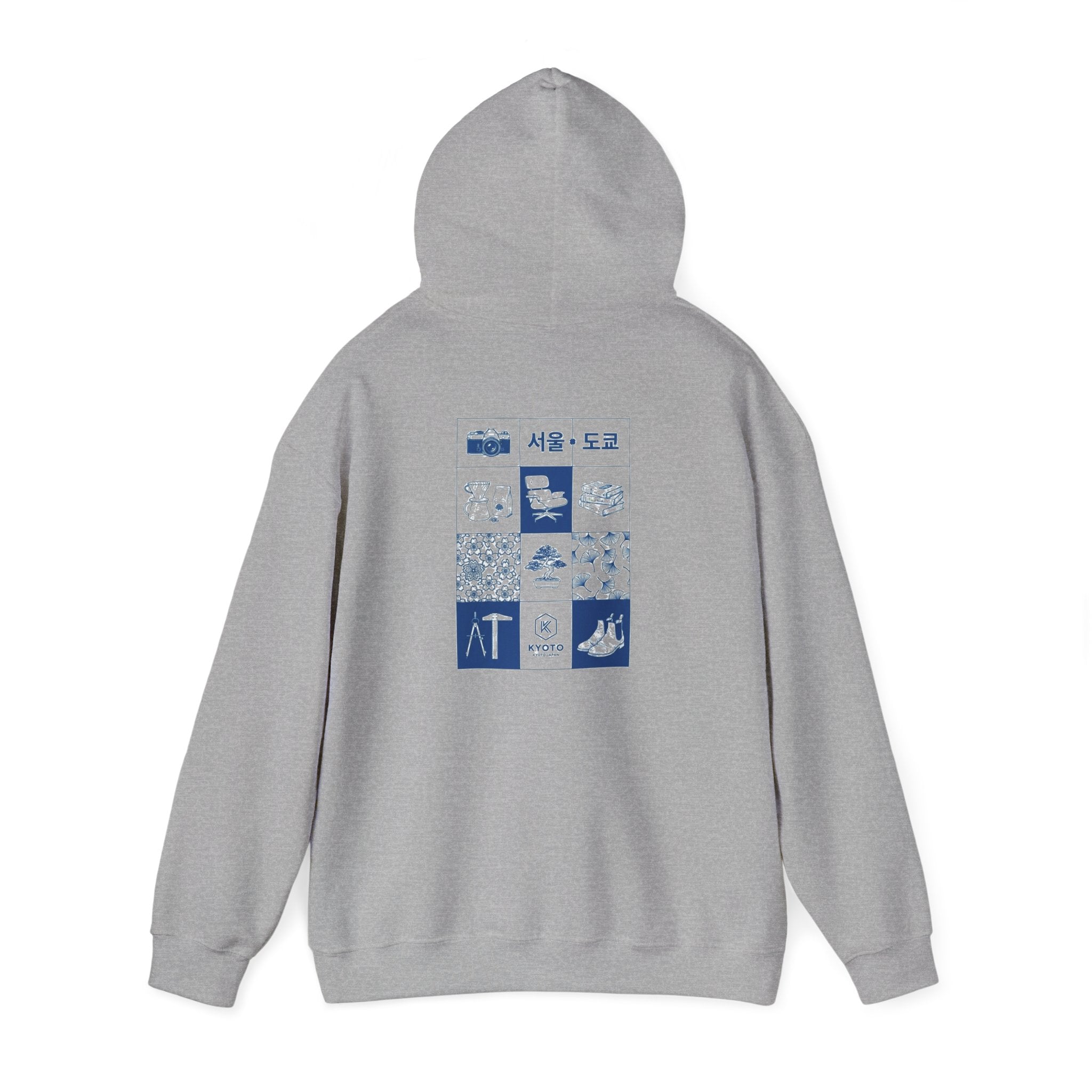 Korean Travel Icons Grid Hoodie – Seoul & Busan Blue Graphic Sweatshirt