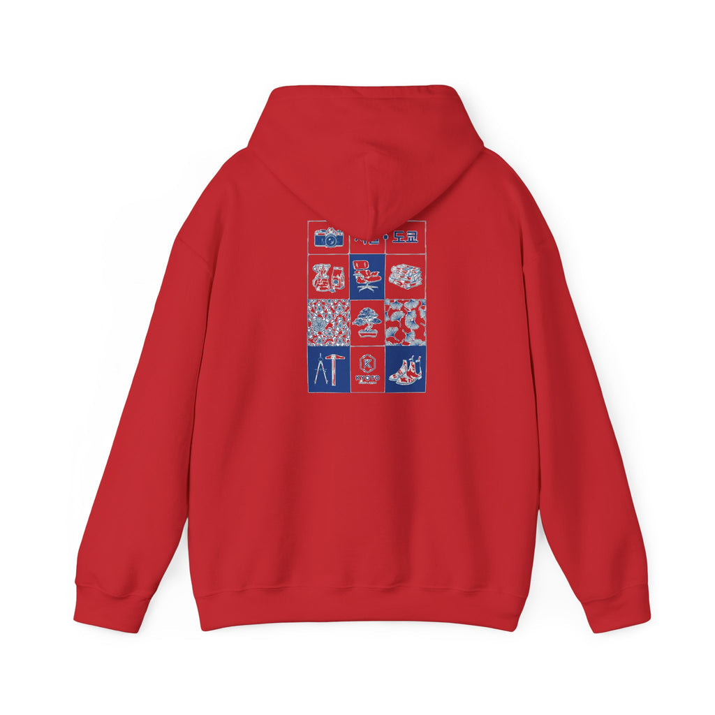 Korean Travel Icons Grid Hoodie – Seoul & Busan Blue Graphic Sweatshirt
