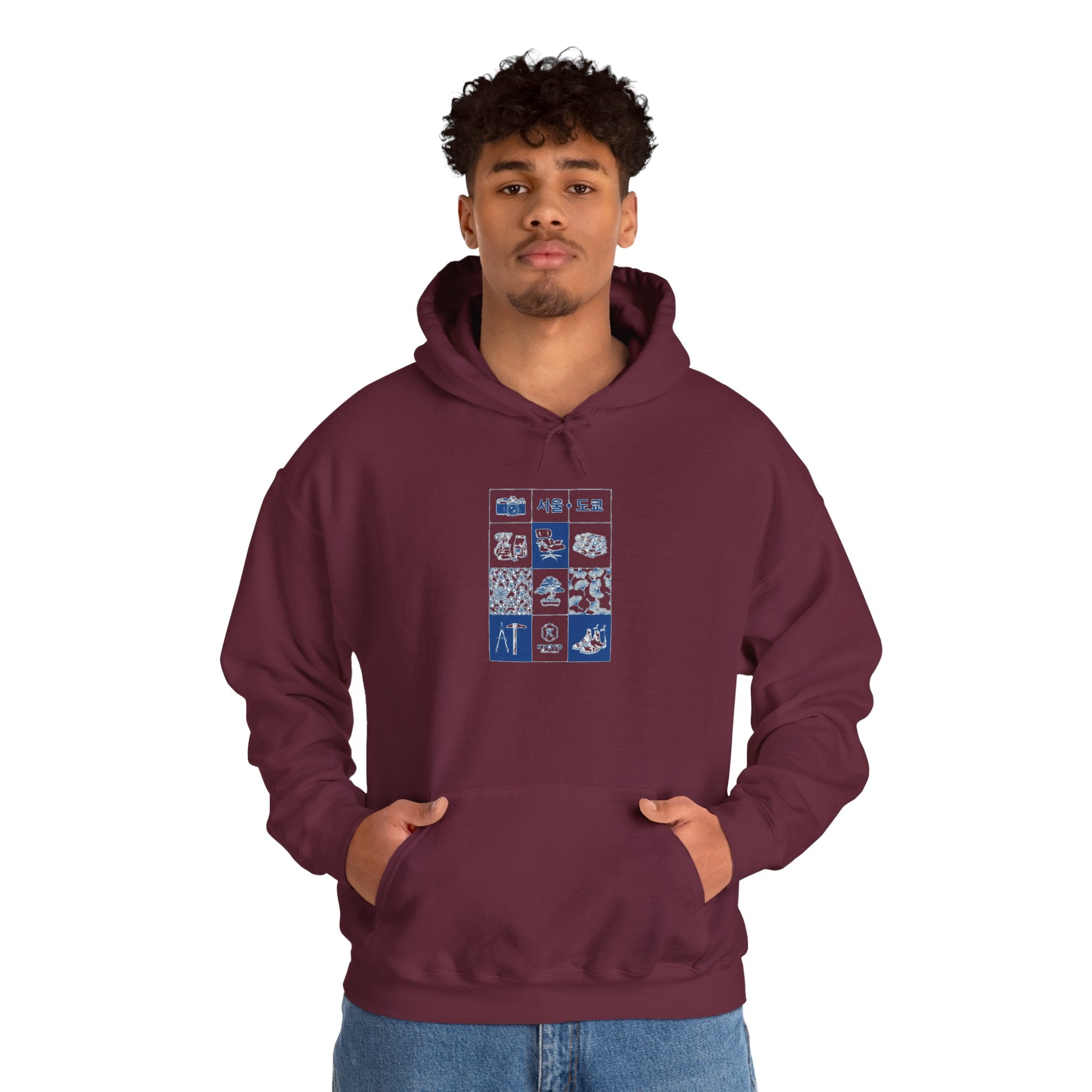 Korean Travel Icons Grid Hoodie – Seoul & Busan Blue Graphic Sweatshirt