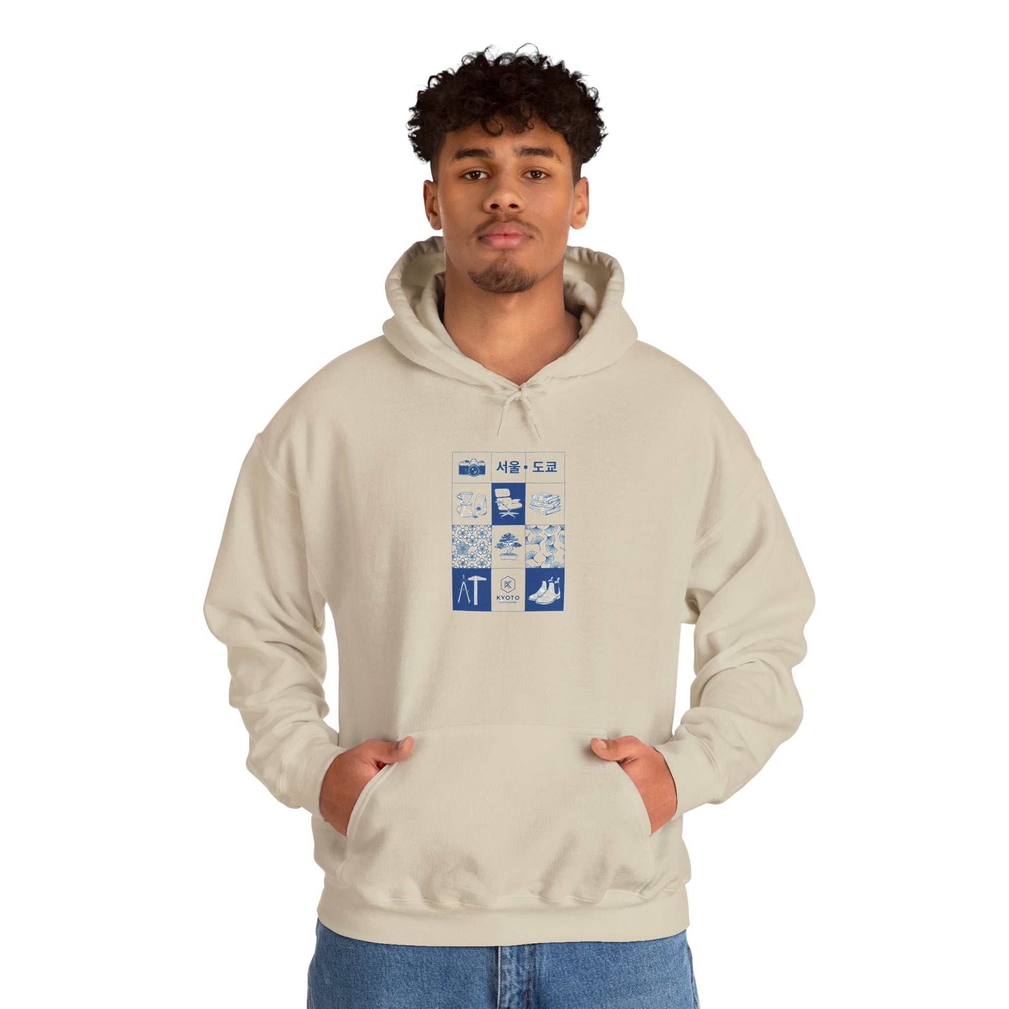 Korean Travel Icons Grid Hoodie – Seoul & Busan Blue Graphic Sweatshirt