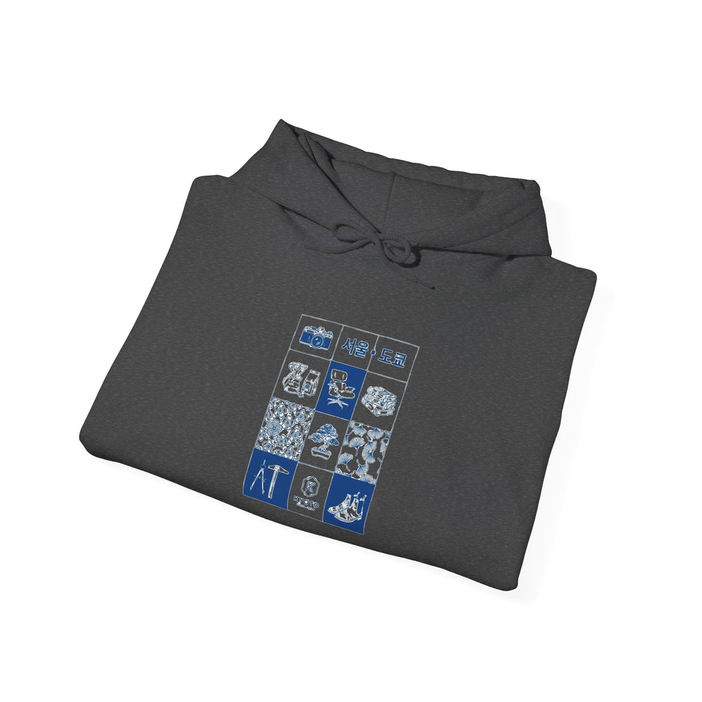 Korean Travel Icons Grid Hoodie – Seoul & Busan Blue Graphic Sweatshirt