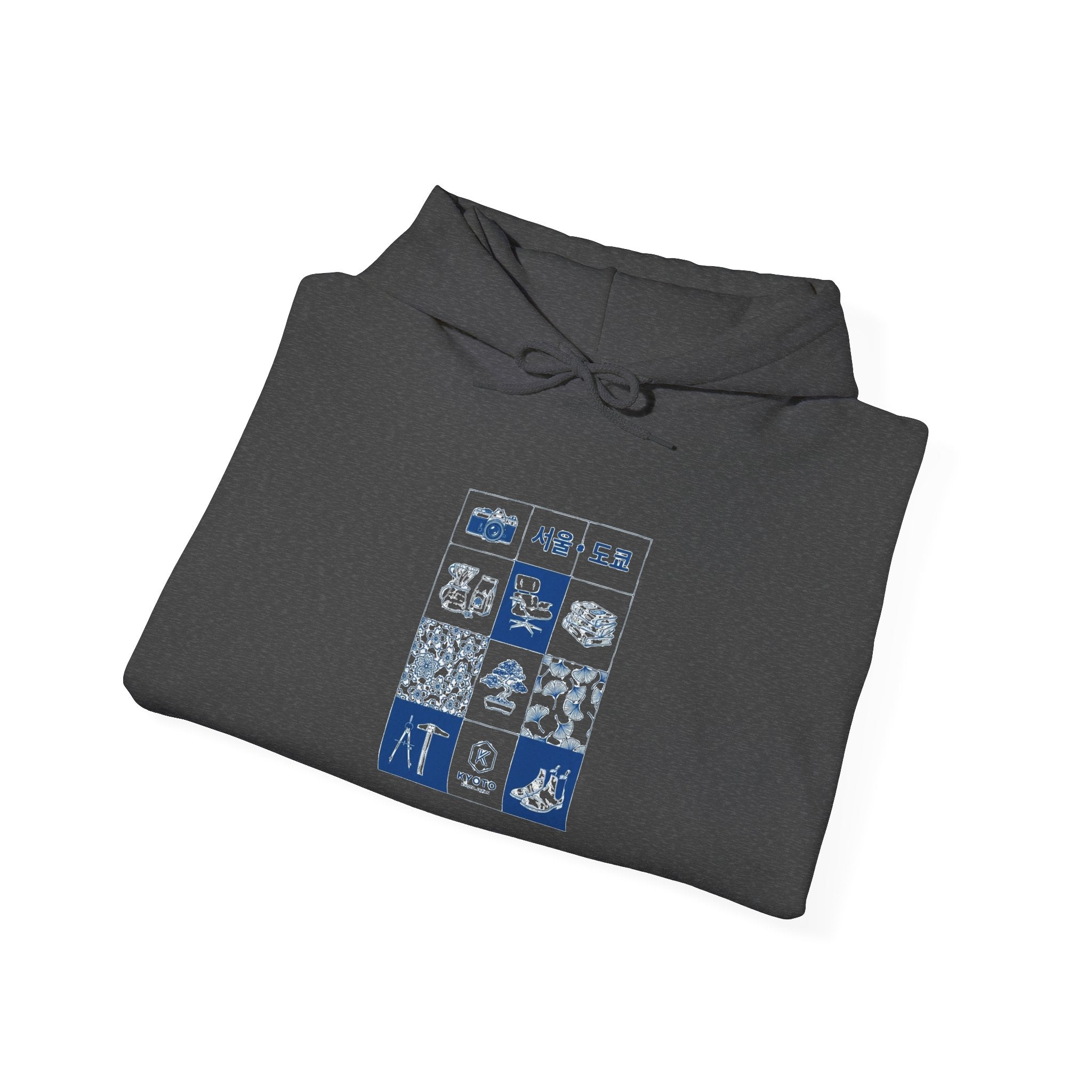 Korean Travel Icons Grid Hoodie – Seoul & Busan Blue Graphic Sweatshirt