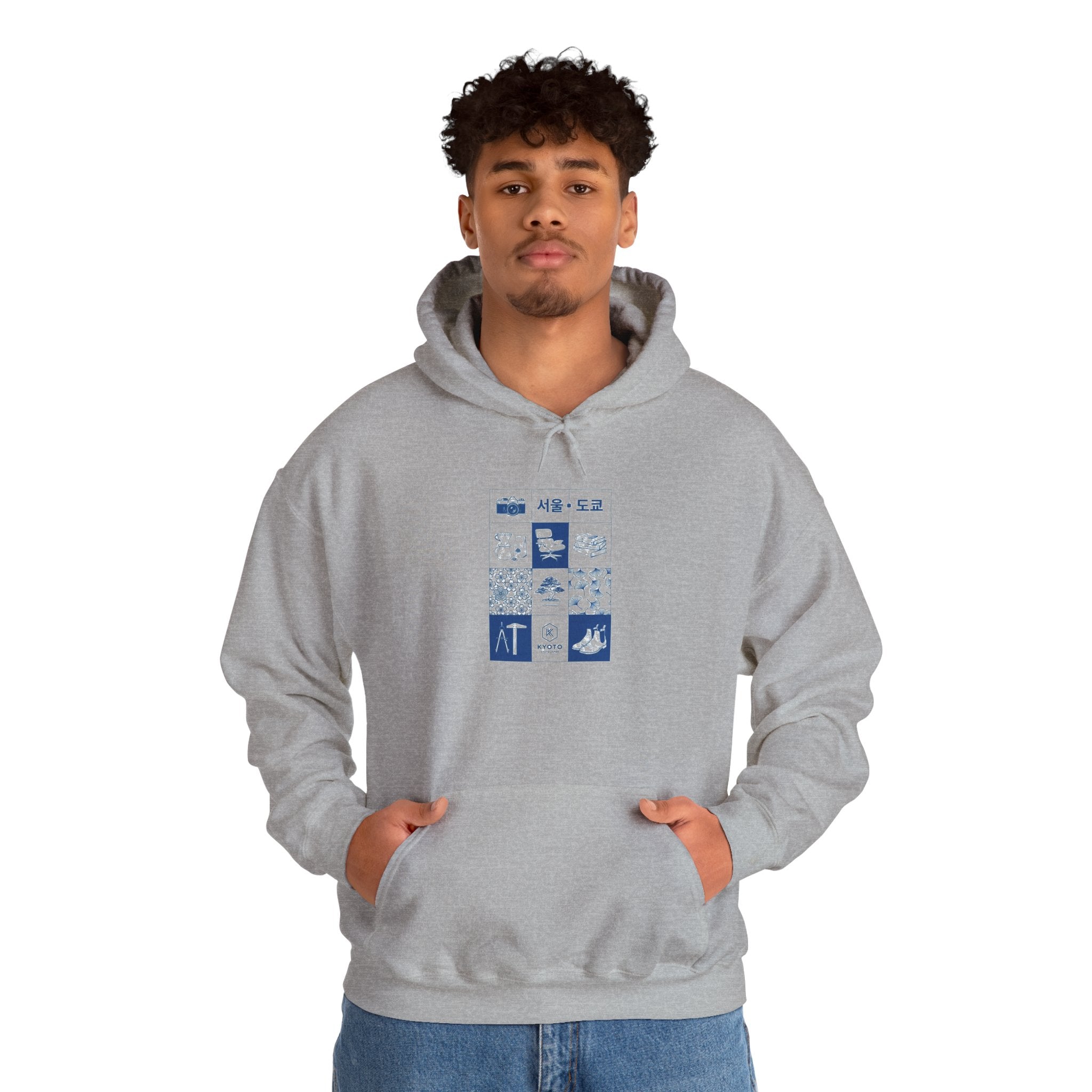 Korean Travel Icons Grid Hoodie – Seoul & Busan Blue Graphic Sweatshirt
