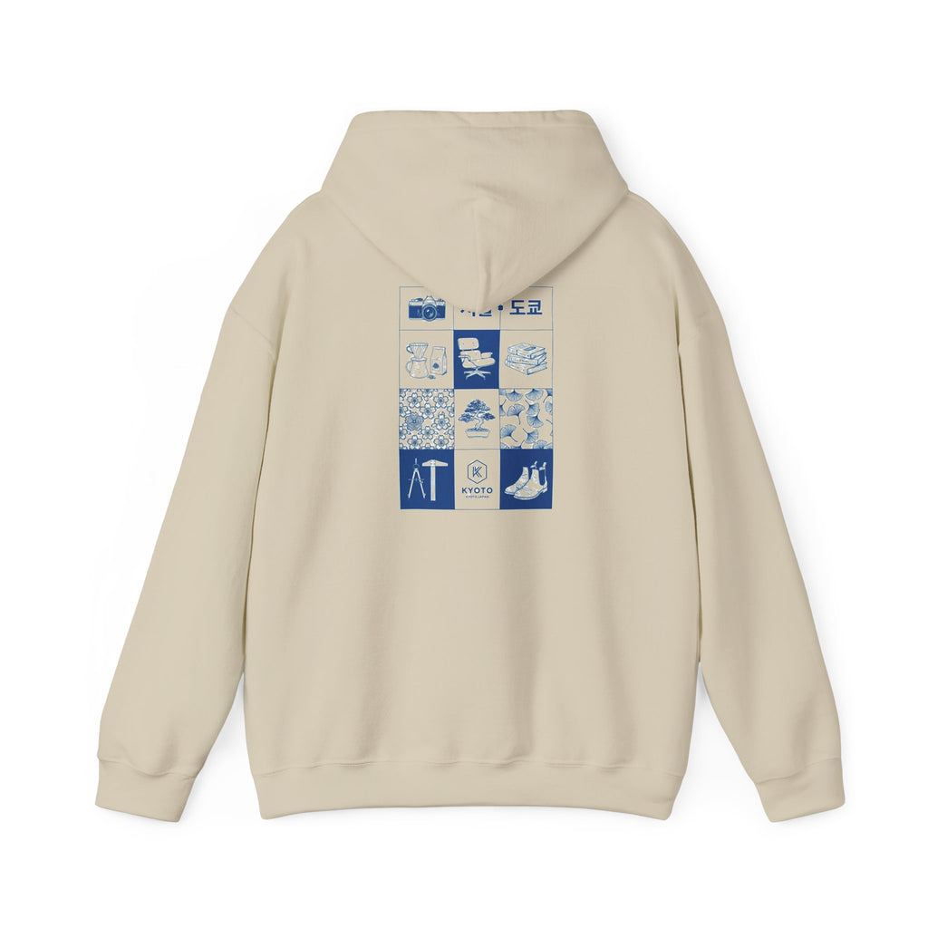 Korean Travel Icons Grid Hoodie – Seoul & Busan Blue Graphic Sweatshirt
