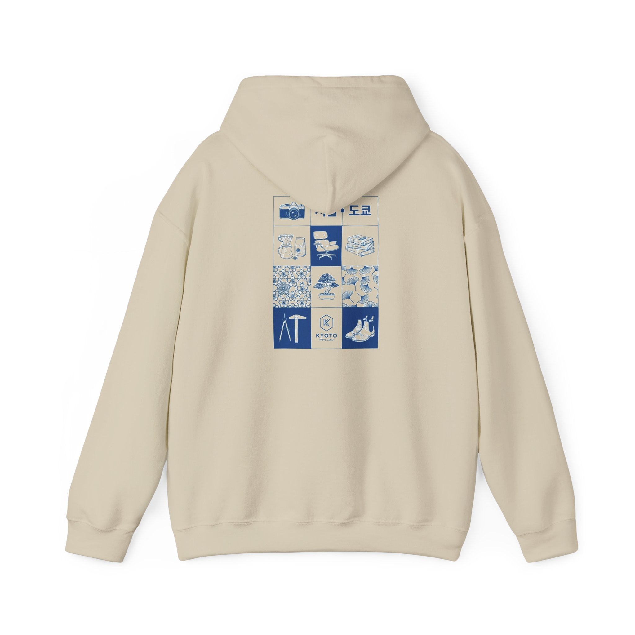 Korean Travel Icons Grid Hoodie – Seoul & Busan Blue Graphic Sweatshirt