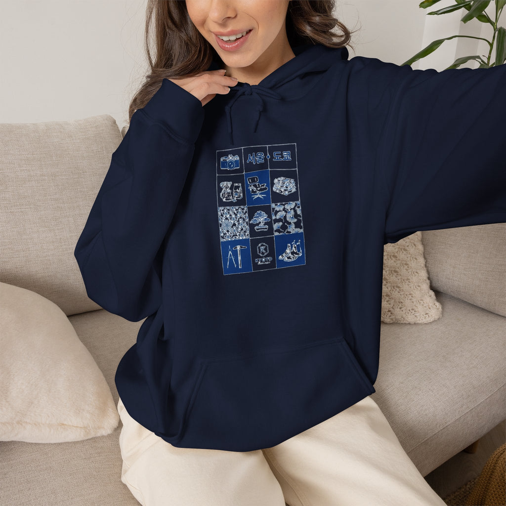 Korean Travel Icons Grid Hoodie – Seoul & Busan Blue Graphic Sweatshirt
