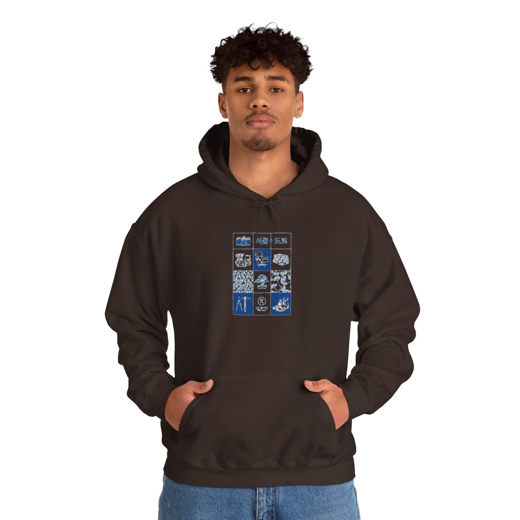 Korean Travel Icons Grid Hoodie – Seoul & Busan Blue Graphic Sweatshirt
