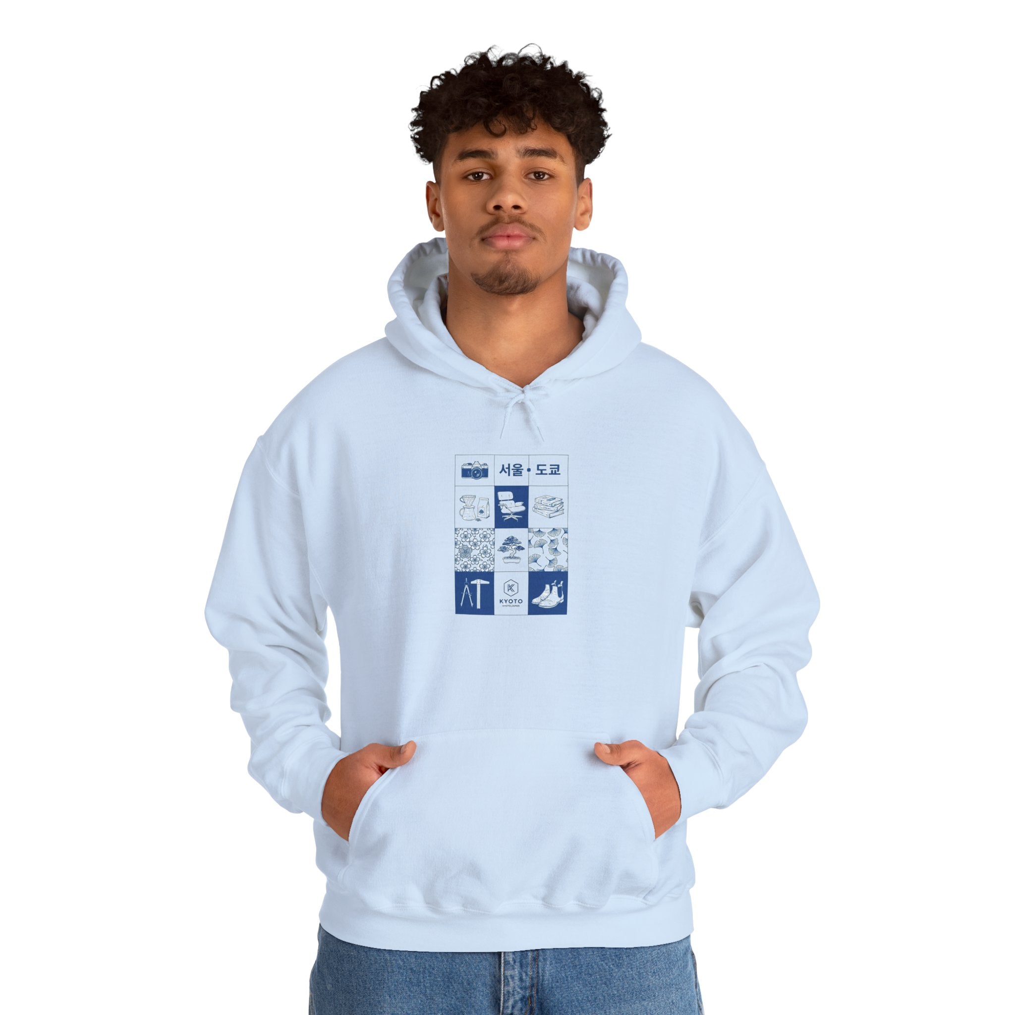 Korean Travel Icons Grid Hoodie – Seoul & Busan Blue Graphic Sweatshirt