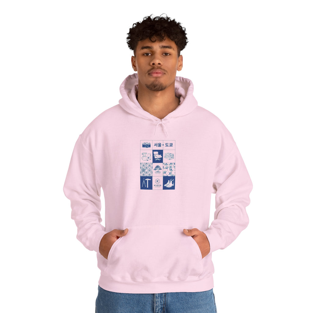 Korean Travel Icons Grid Hoodie – Seoul & Busan Blue Graphic Sweatshirt