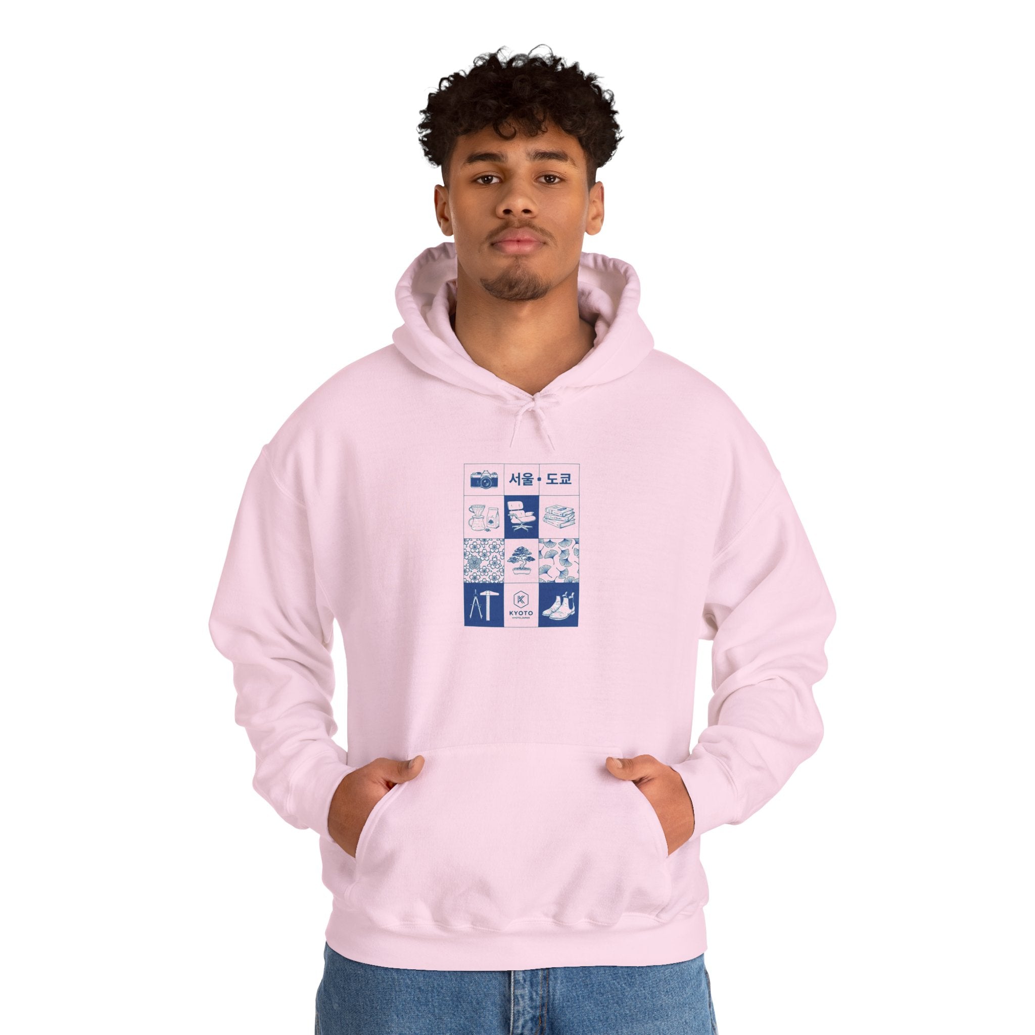 Korean Travel Icons Grid Hoodie – Seoul & Busan Blue Graphic Sweatshirt