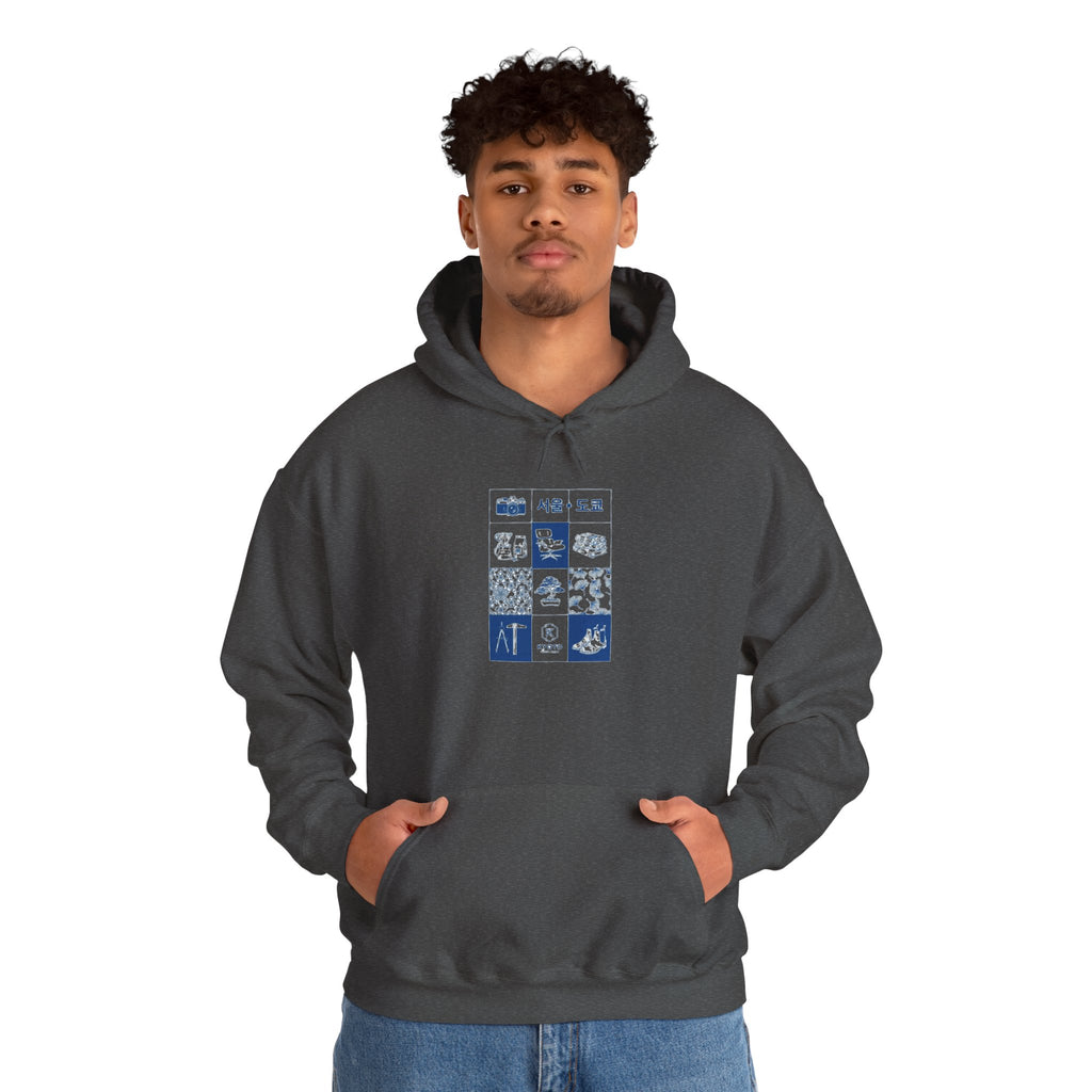 Korean Travel Icons Grid Hoodie – Seoul & Busan Blue Graphic Sweatshirt