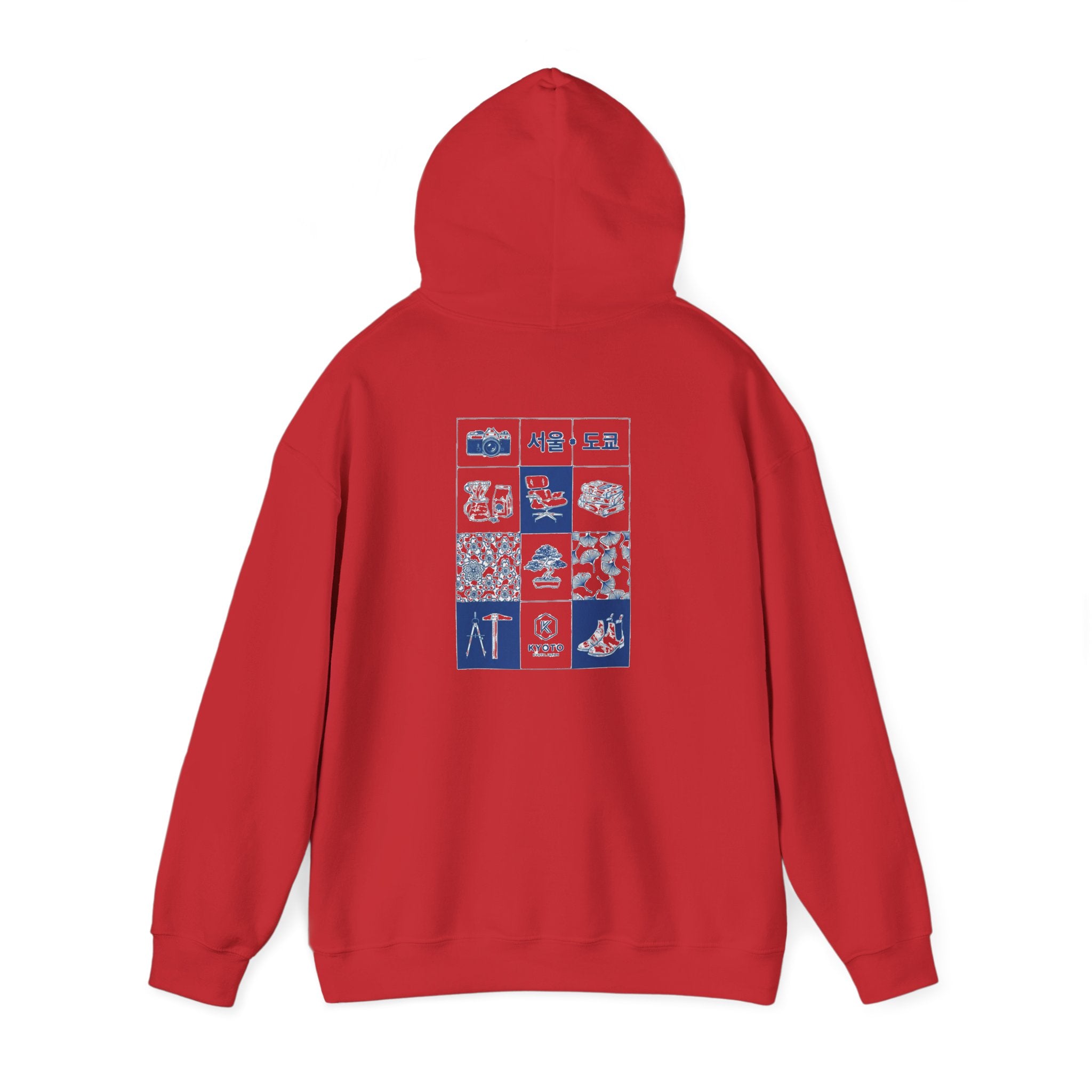 Korean Travel Icons Grid Hoodie – Seoul & Busan Blue Graphic Sweatshirt