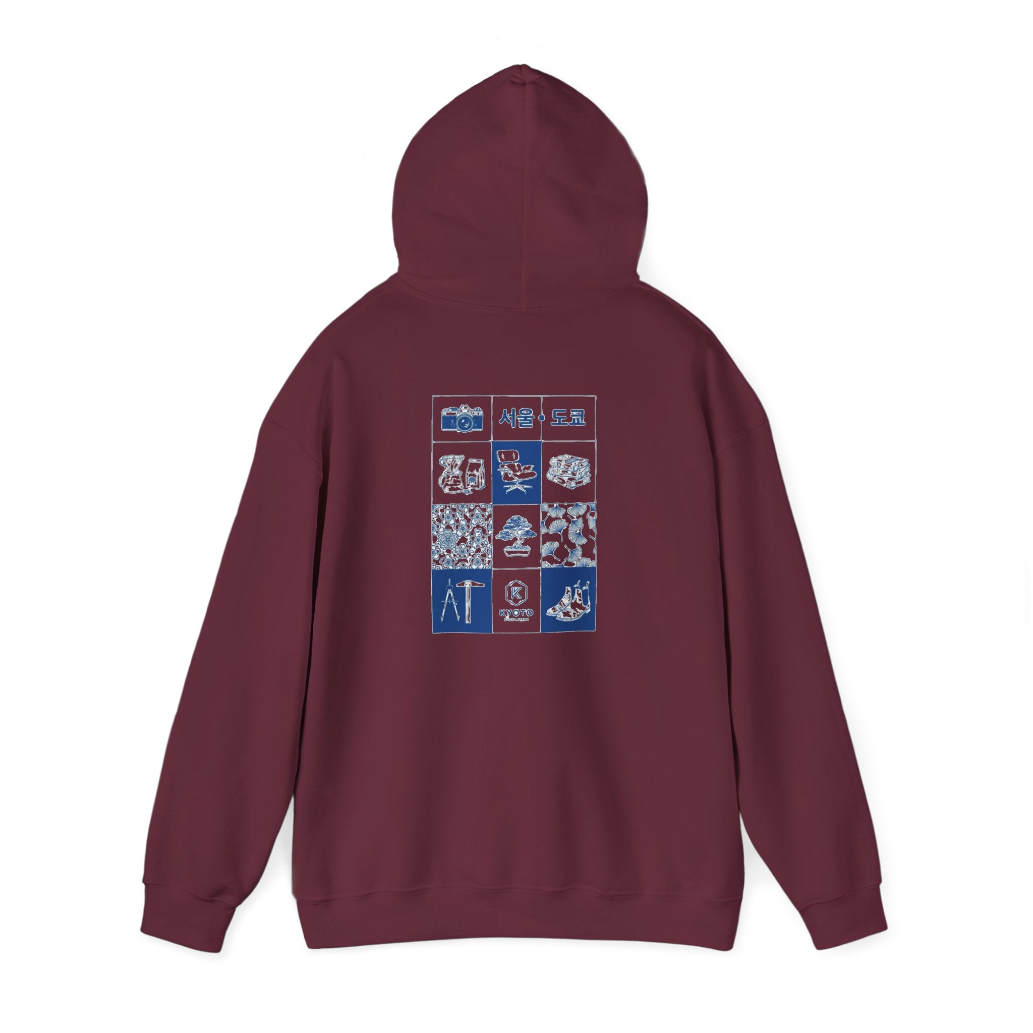 Korean Travel Icons Grid Hoodie – Seoul & Busan Blue Graphic Sweatshirt