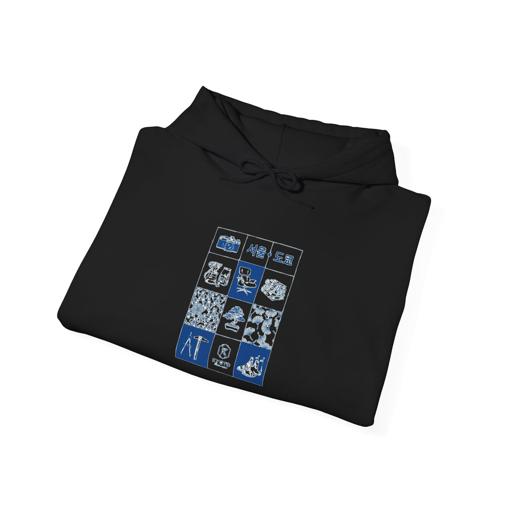 Korean Travel Icons Grid Hoodie – Seoul & Busan Blue Graphic Sweatshirt
