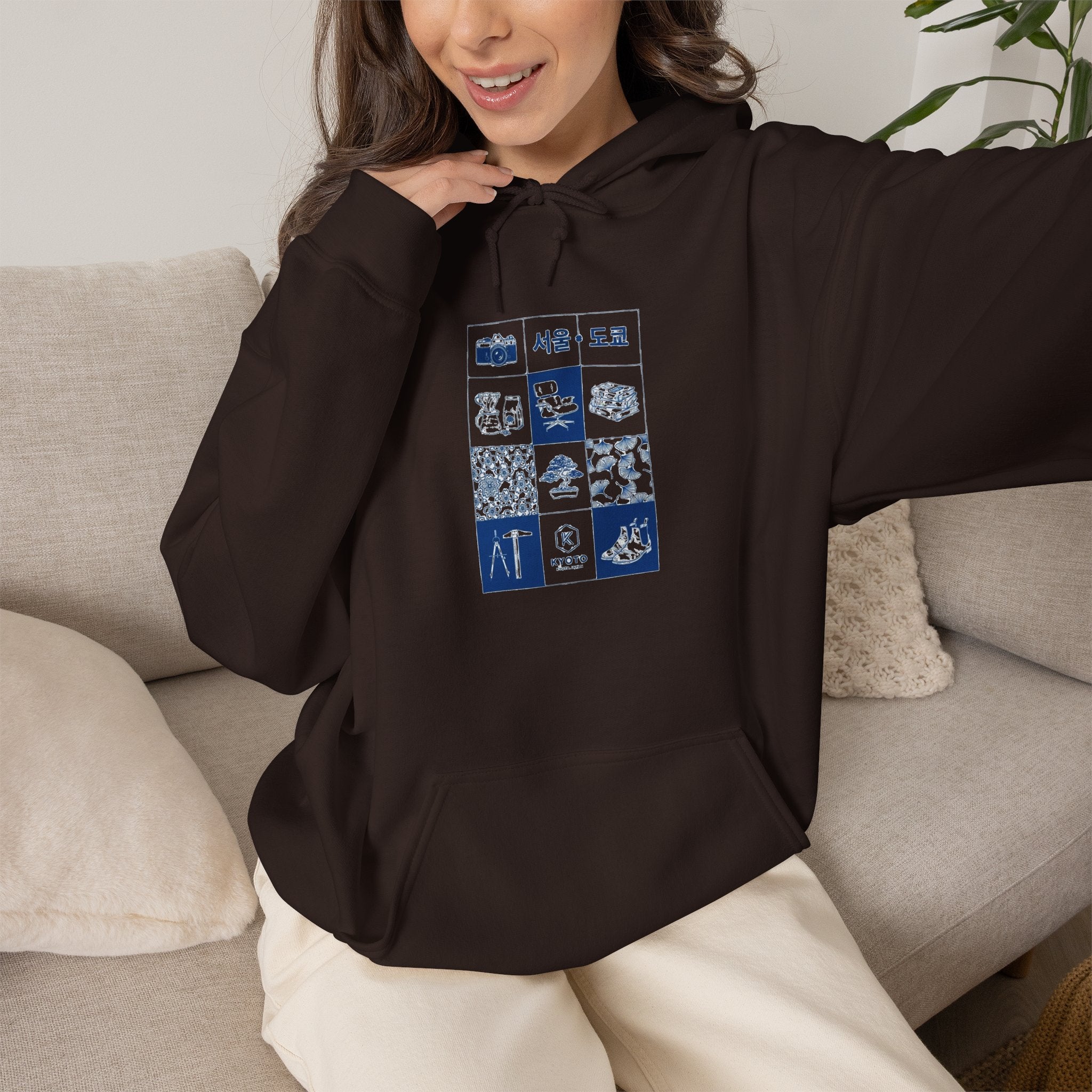 Korean Travel Icons Grid Hoodie – Seoul & Busan Blue Graphic Sweatshirt