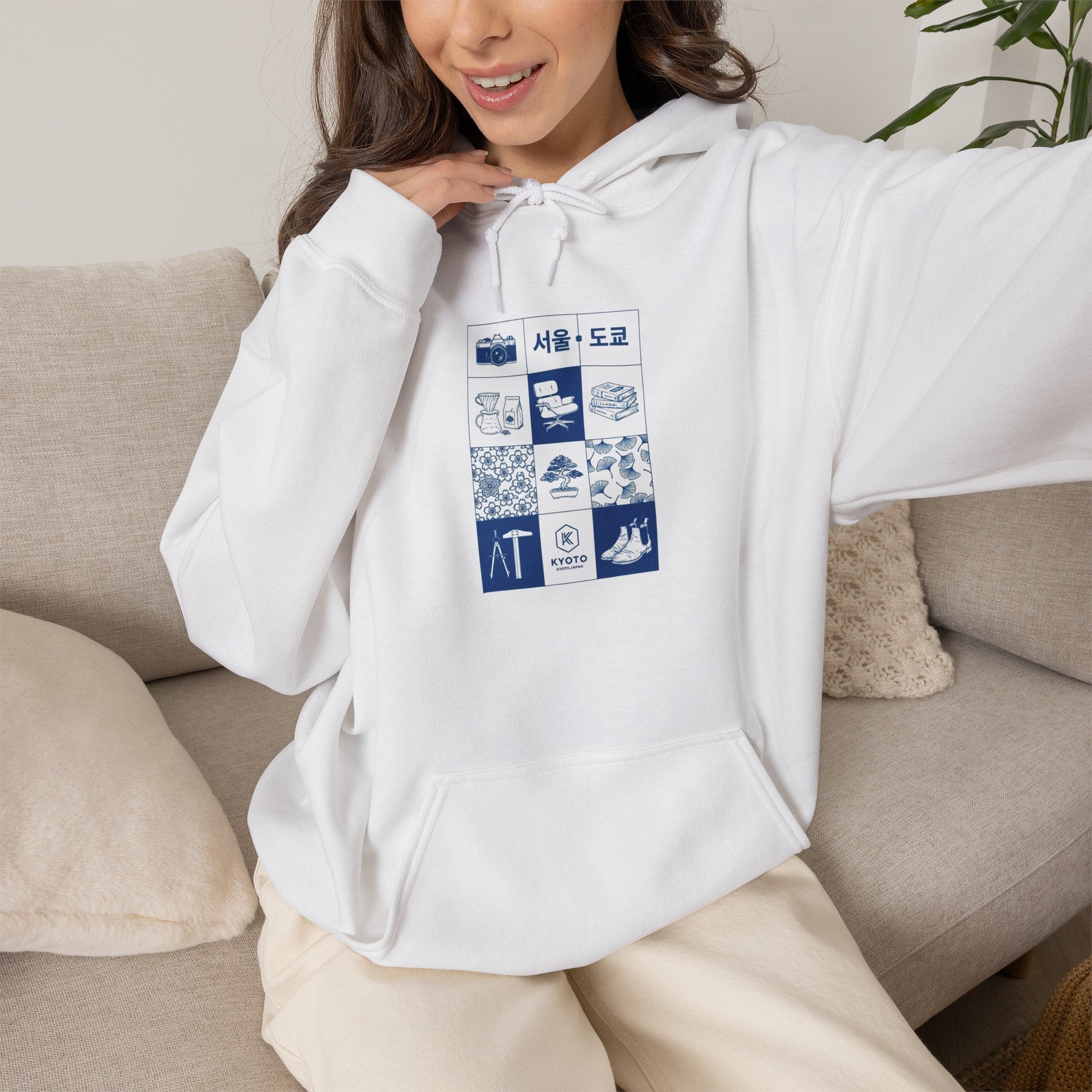 Korean Travel Icons Grid Hoodie – Seoul & Busan Blue Graphic Sweatshirt